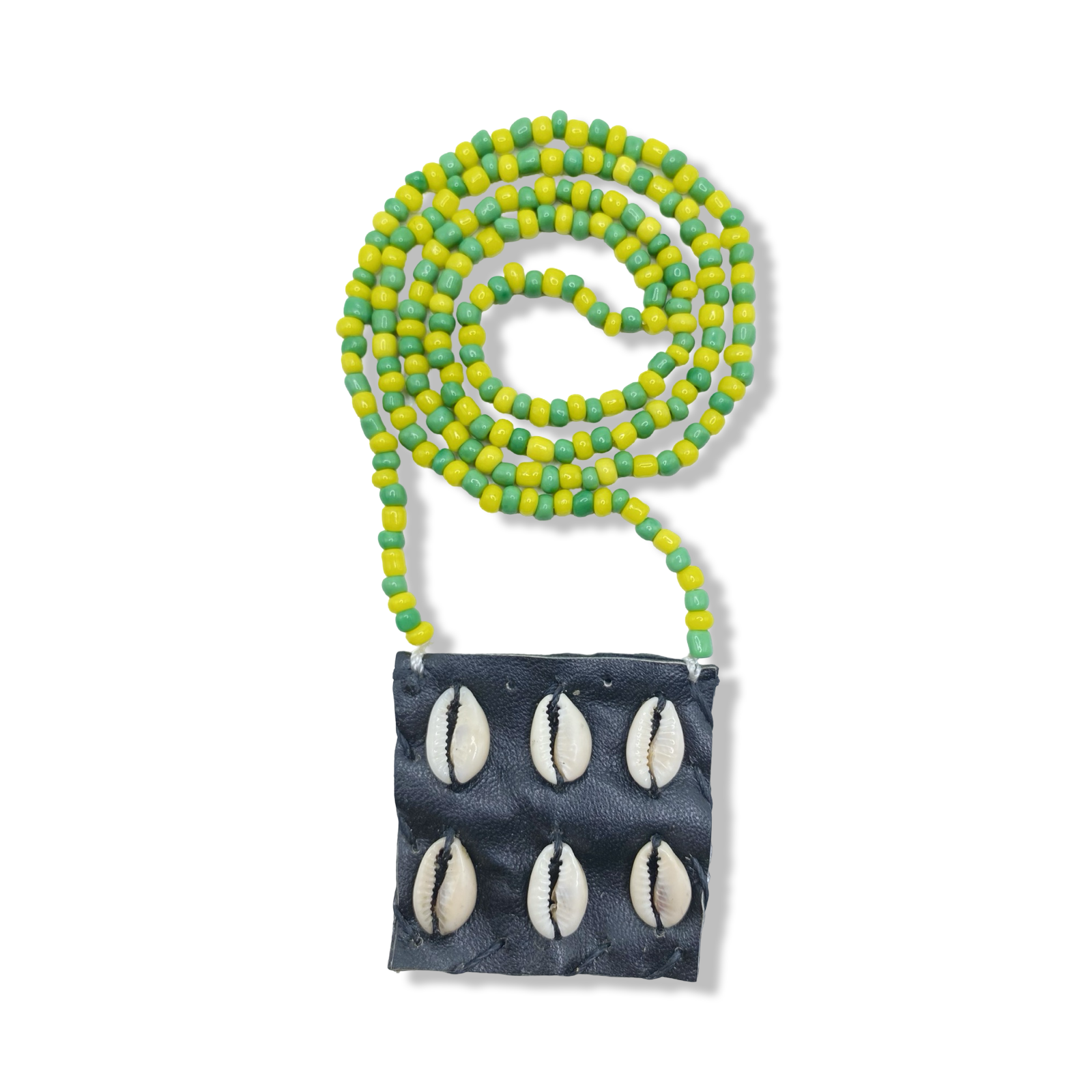 Handmade Eleke de Orúnmila Necklace with Macuto - Green & Yellow Yoruba Santeria Orisha - SanteriaGuide