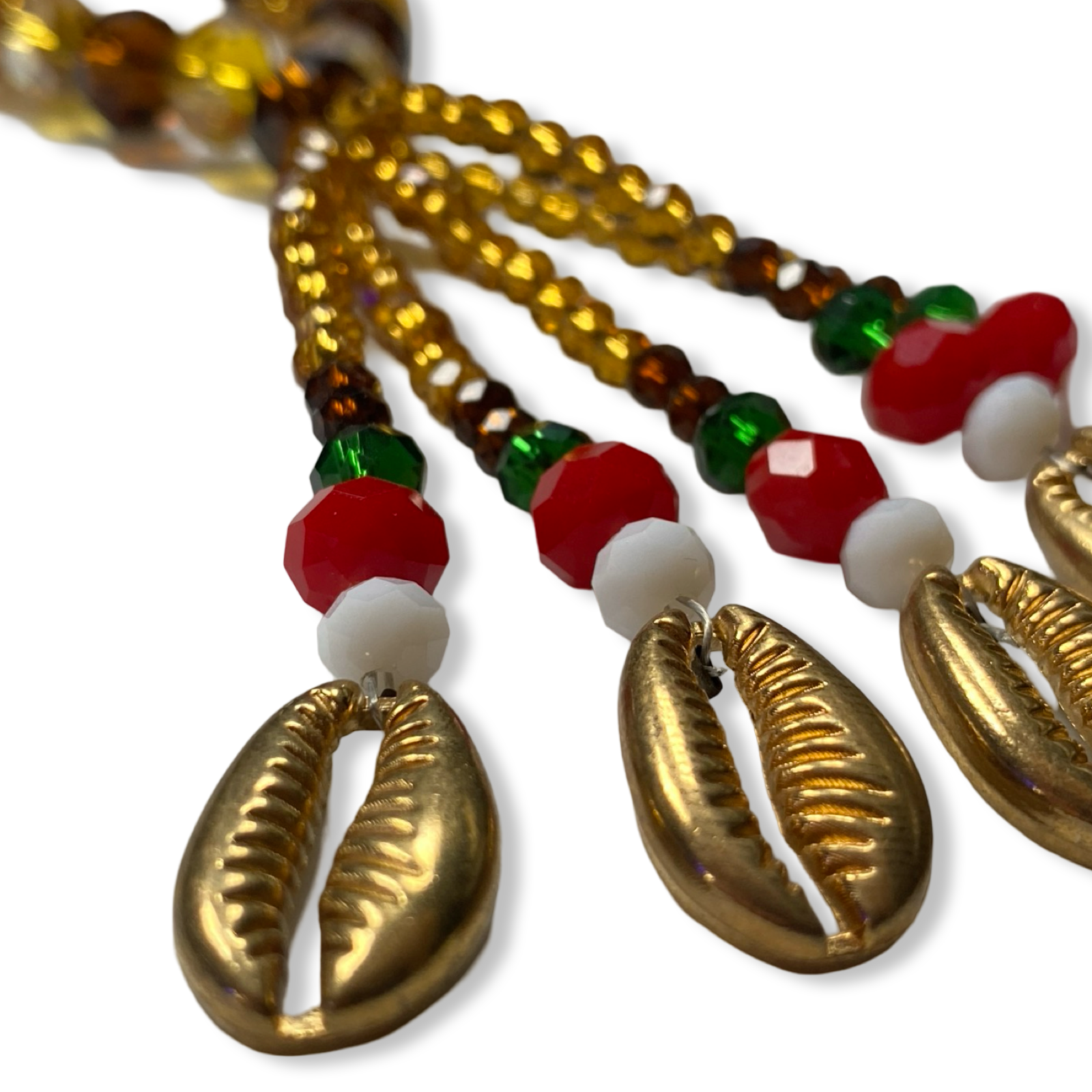 Handmade Gala de Oshún Ibu Akuaro Mazo de Gala – Gold, Amber, Red, Green, and White Glass Beads for Iyawó - SanteriaGuide