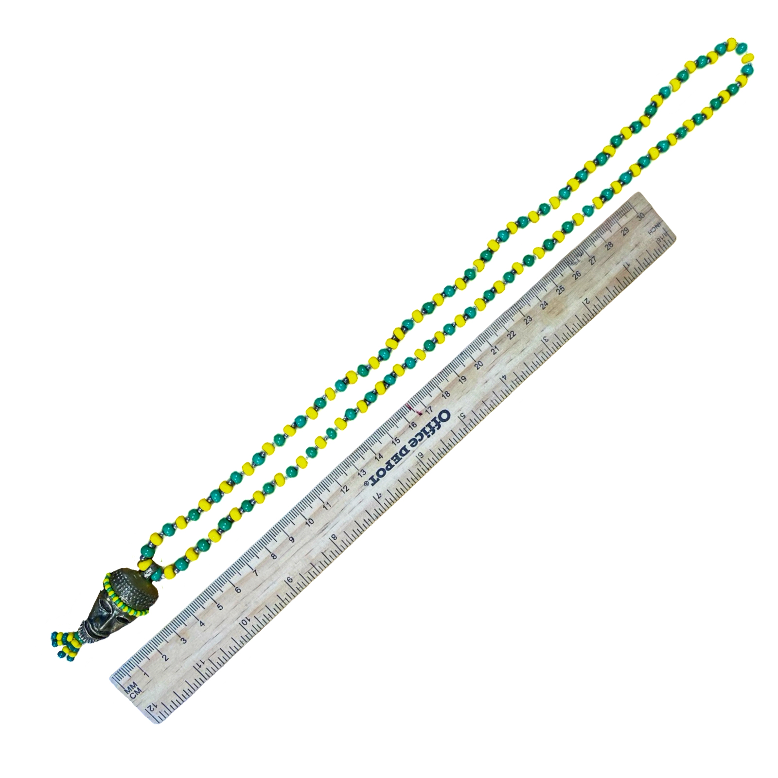 Orula Eleke Necklace – Handmade Green & Yellow Beads with Bronze Pendant