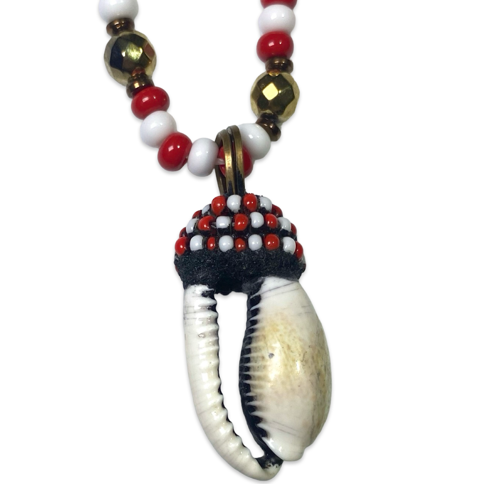 Handmade Eleke de Changó Necklace - Red & White with Cowrie Shells and Gold Accents Yoruba Santería Orisha - SanteriaGuide