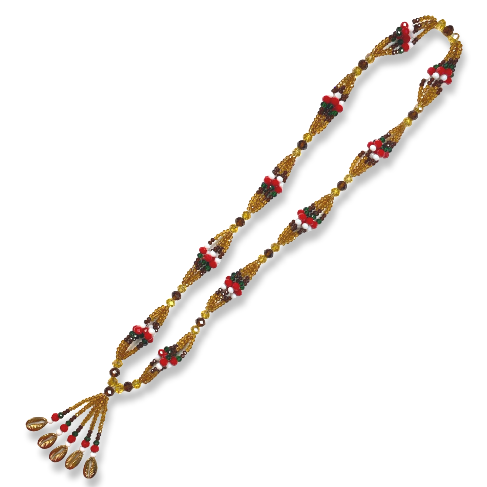 Handmade Gala de Oshún Ibu Akuaro Mazo de Gala – Gold, Amber, Red, Green, and White Glass Beads for Iyawó - SanteriaGuide