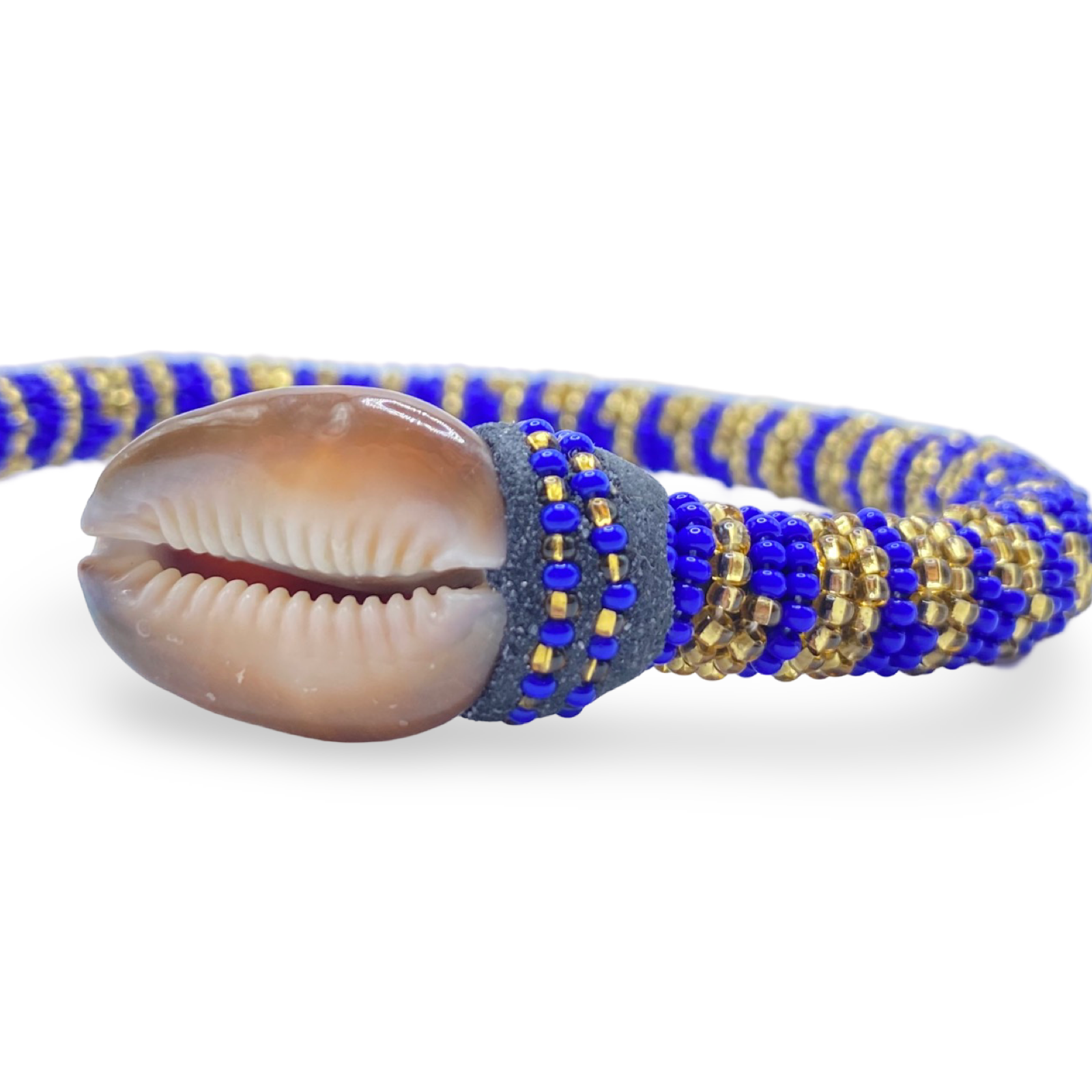 Handmade Ilde de Ochosi Bracelet - Cowrie Shells & Metal, Blue and Gold Beads - Yoruba Santeria Orisha - SanteriaGuide