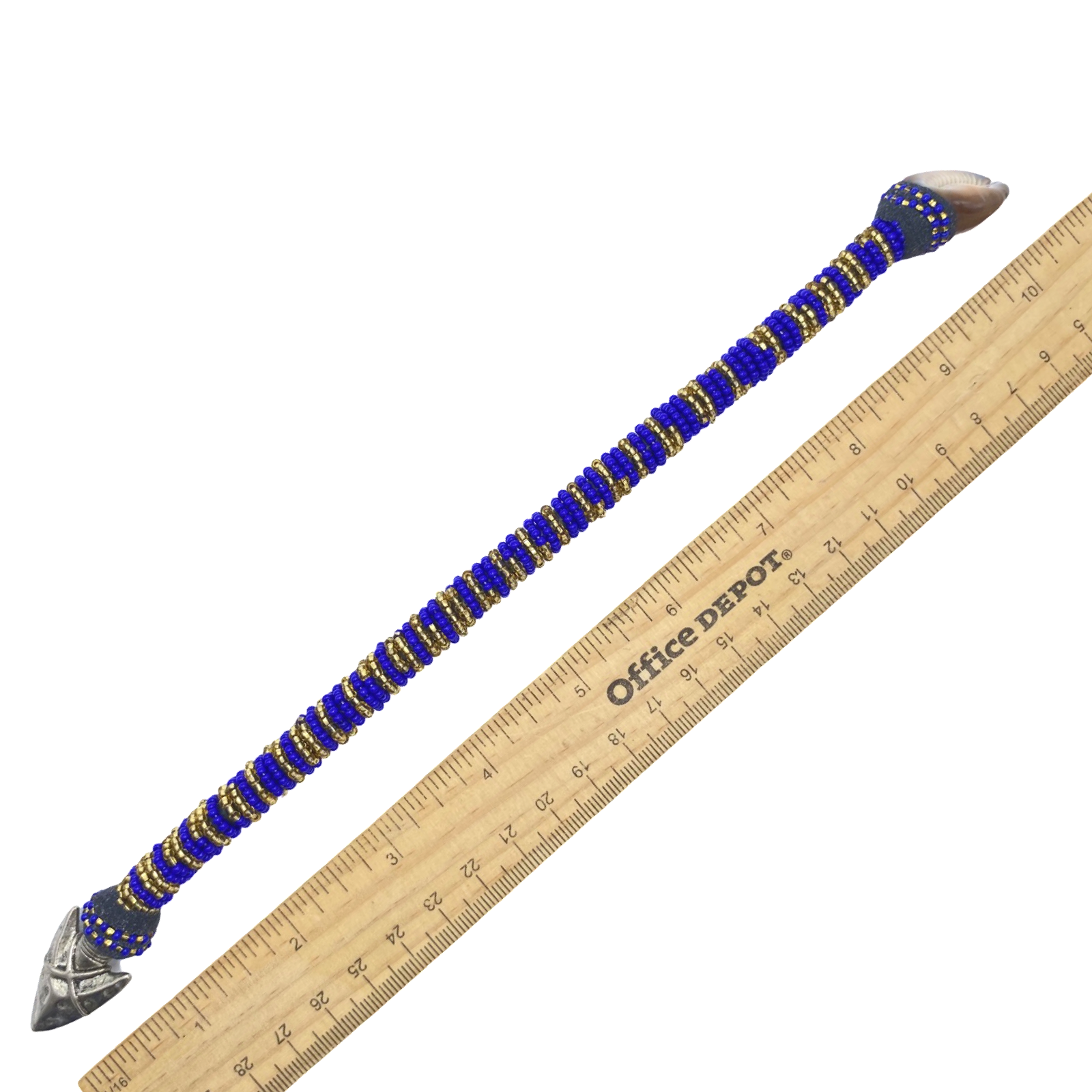 Handmade Ilde de Ochosi Bracelet - Cowrie Shells & Metal, Blue and Gold Beads - Yoruba Santeria Orisha - SanteriaGuide