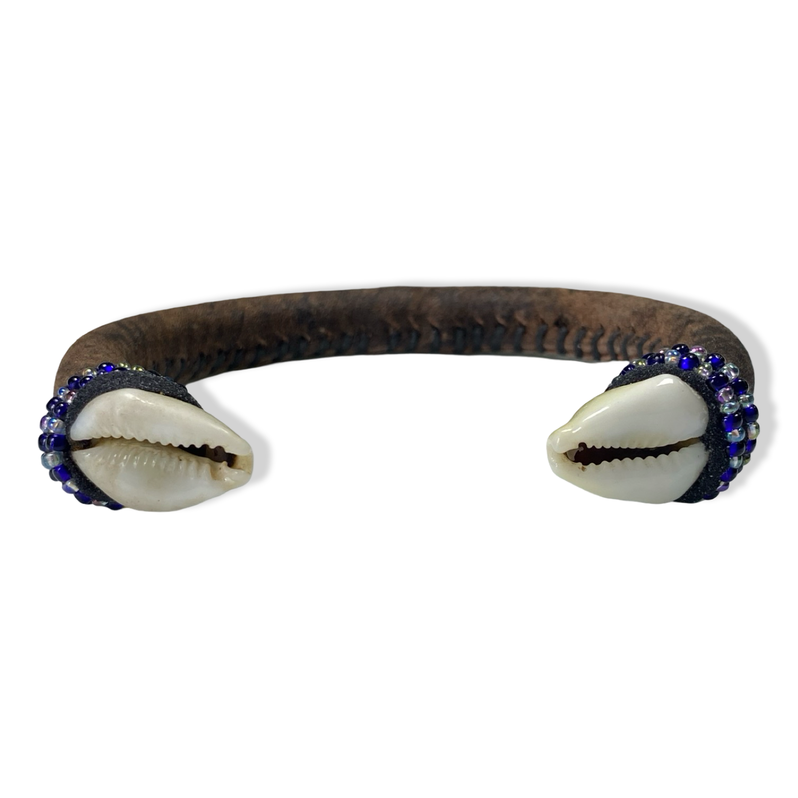 Handmade Ilde de Yemayá Bracelet - Leather, Cowrie Shells, Blue, and Clear Beads - SanteriaGuide