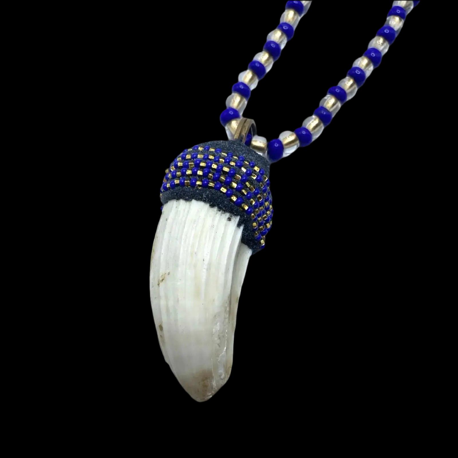 Ochosi Eleke Necklace – Royal Blue, Gold & Clear Beads with Tooth Pendant