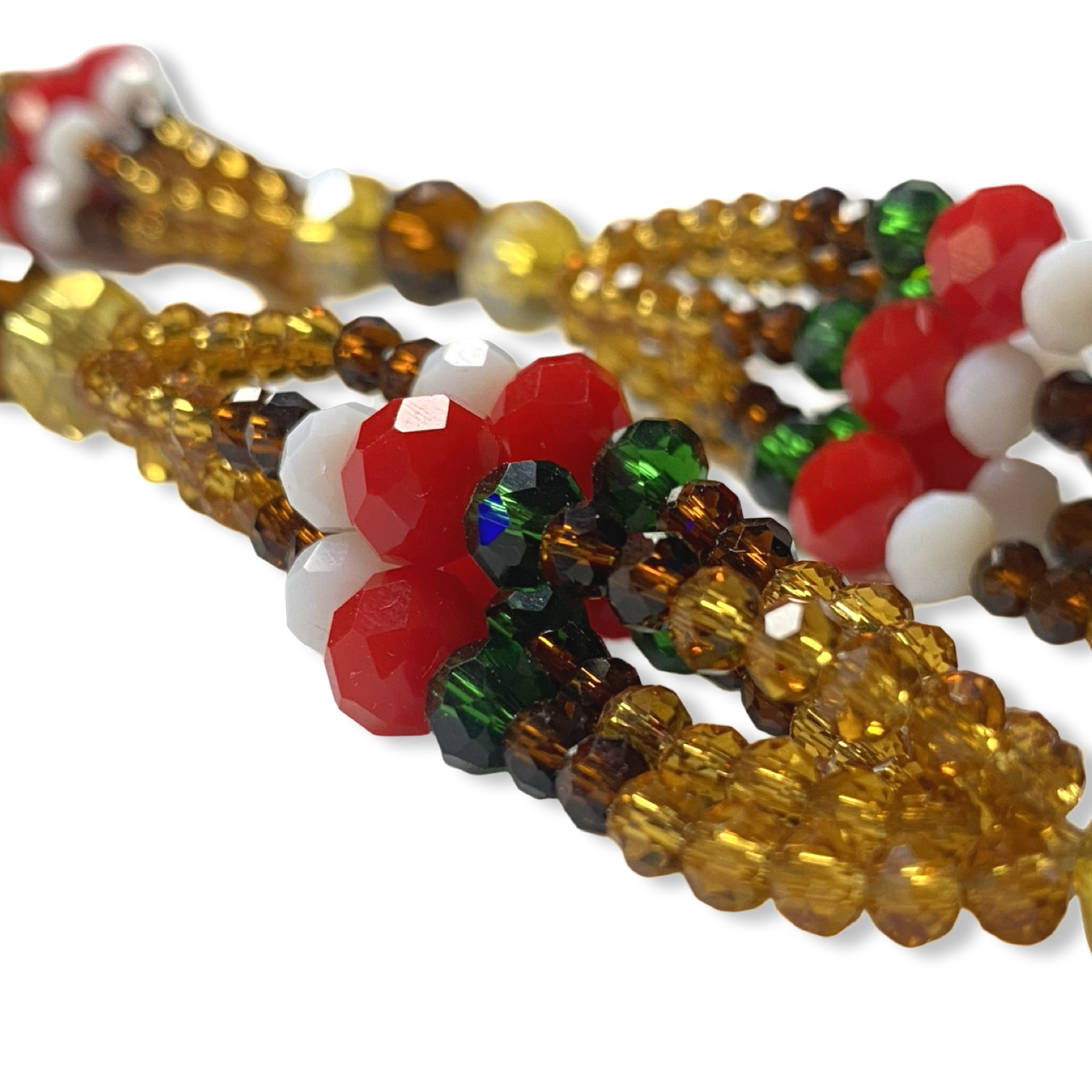Handmade Gala de Oshún Ibu Akuaro Mazo de Gala – Gold, Amber, Red, Green, and White Glass Beads for Iyawó - SanteriaGuide