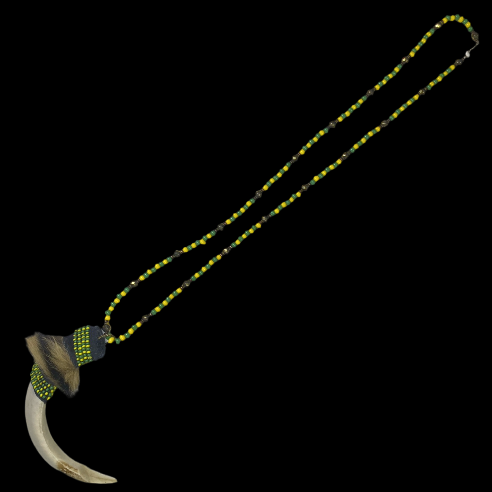 Orula Eleke – Green & Yellow Beads with Tooth, Fur & Gold Accents