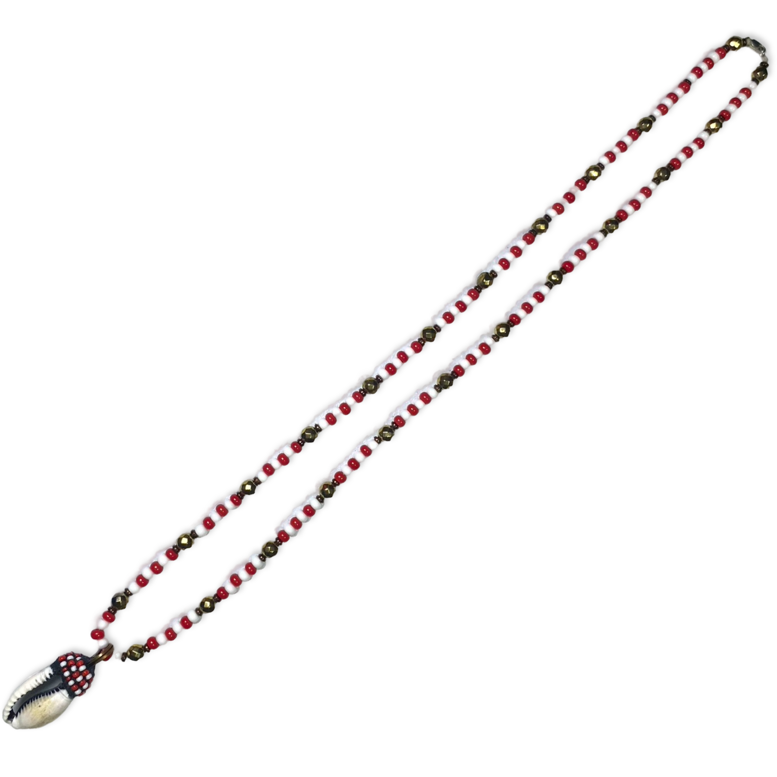 Handmade Eleke de Changó Necklace - Red & White with Cowrie Shells and Gold Accents Yoruba Santería Orisha - SanteriaGuide