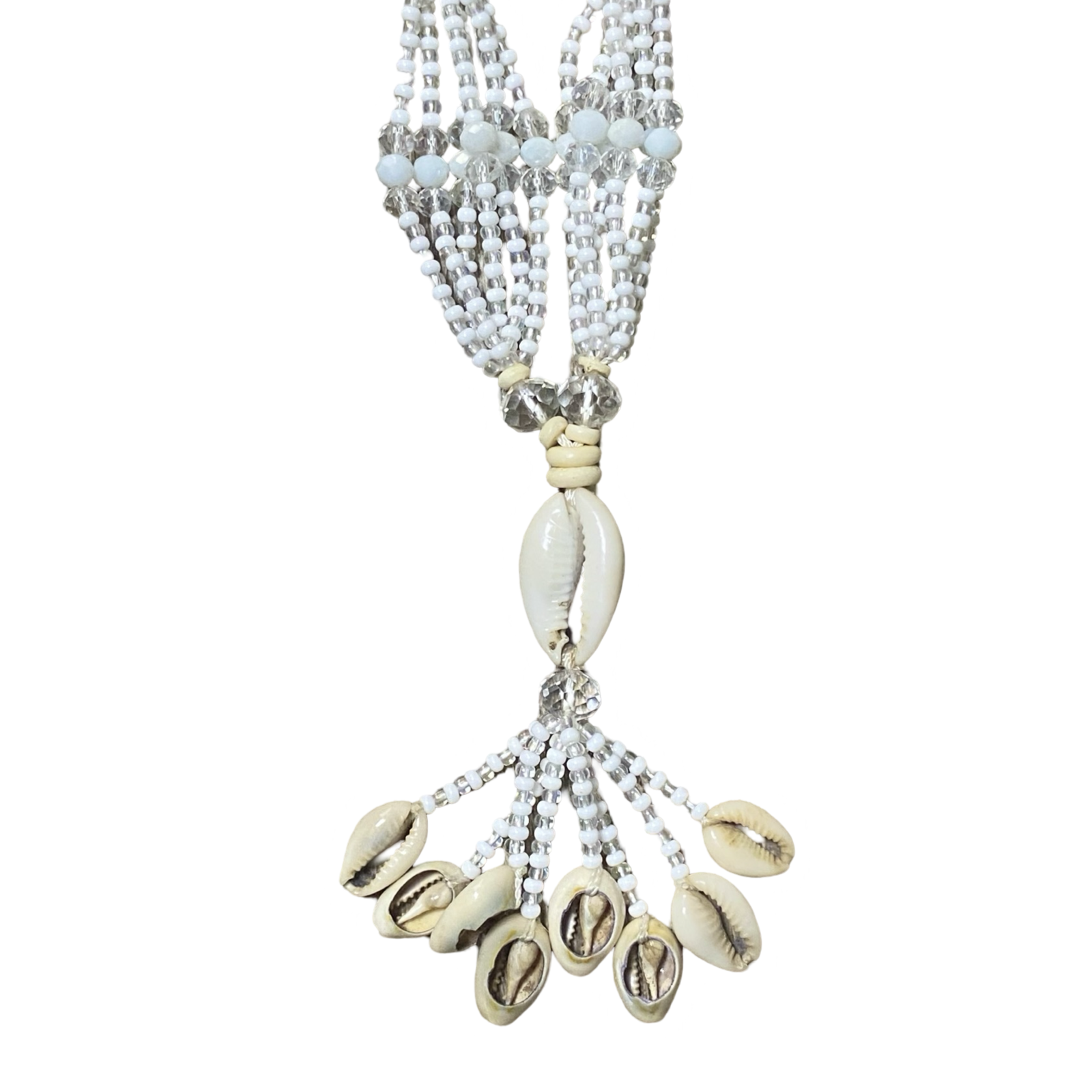 Close-up of the handmade Mazo de Gala showing white and transparent glass beadwork.