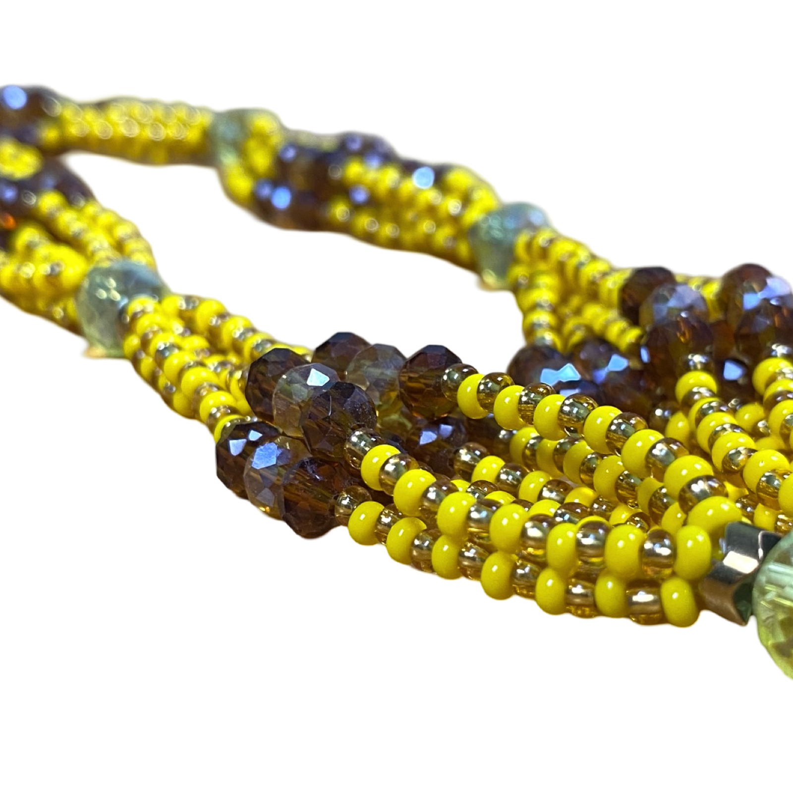 Close-up of the Mazo de Gala showing intricate beadwork for Oshún (Ochún).