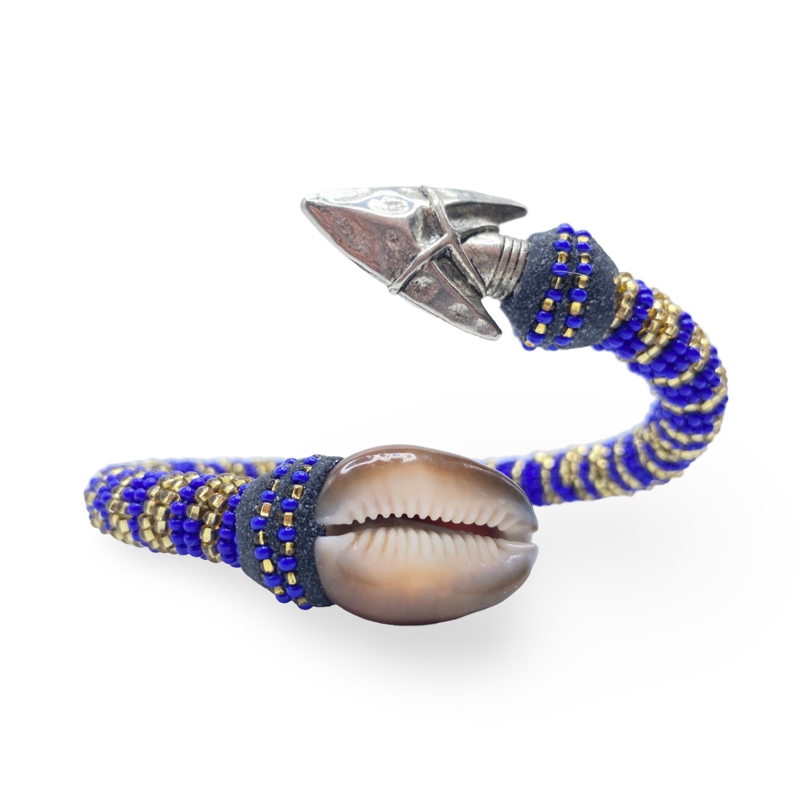 Handmade Ilde de Ochosi Bracelet - Cowrie Shells & Metal, Blue and Gold Beads - Yoruba Santeria Orisha - SanteriaGuide