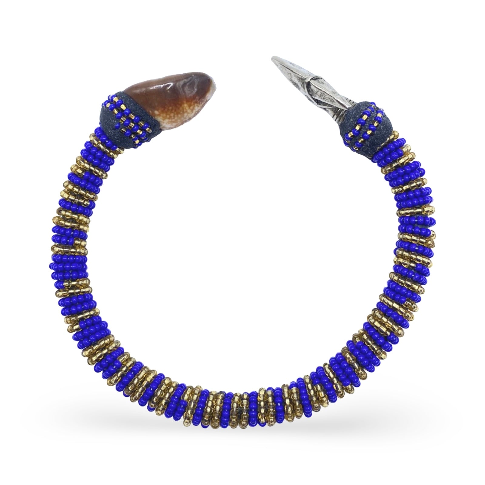 Handmade Ilde de Ochosi Bracelet - Cowrie Shells & Metal, Blue and Gold Beads - Yoruba Santeria Orisha - SanteriaGuide