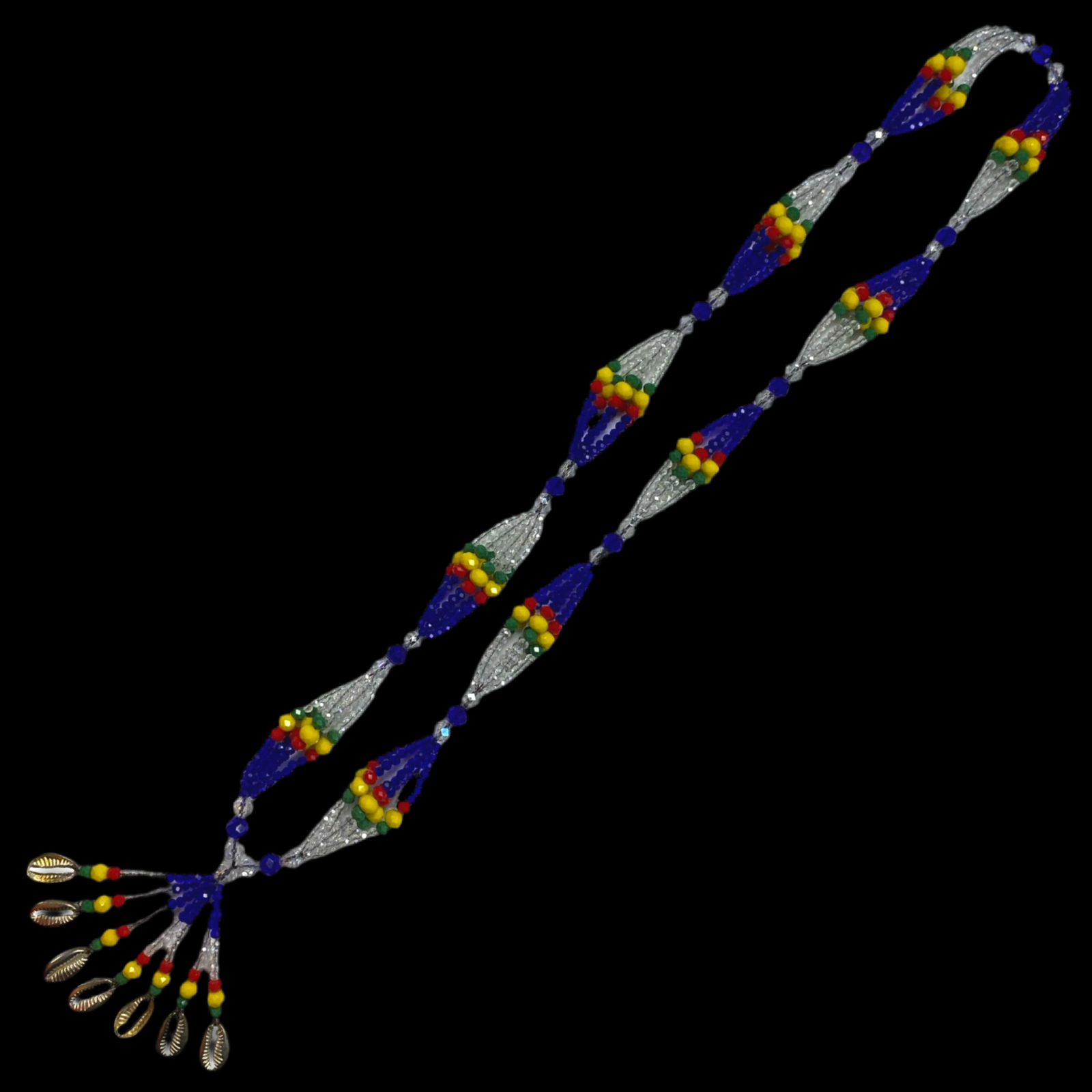 Gala de Olokun hecha a mano: cuentas de vidrio transparente, azul, rojo, amarillo y verde para Iyawó