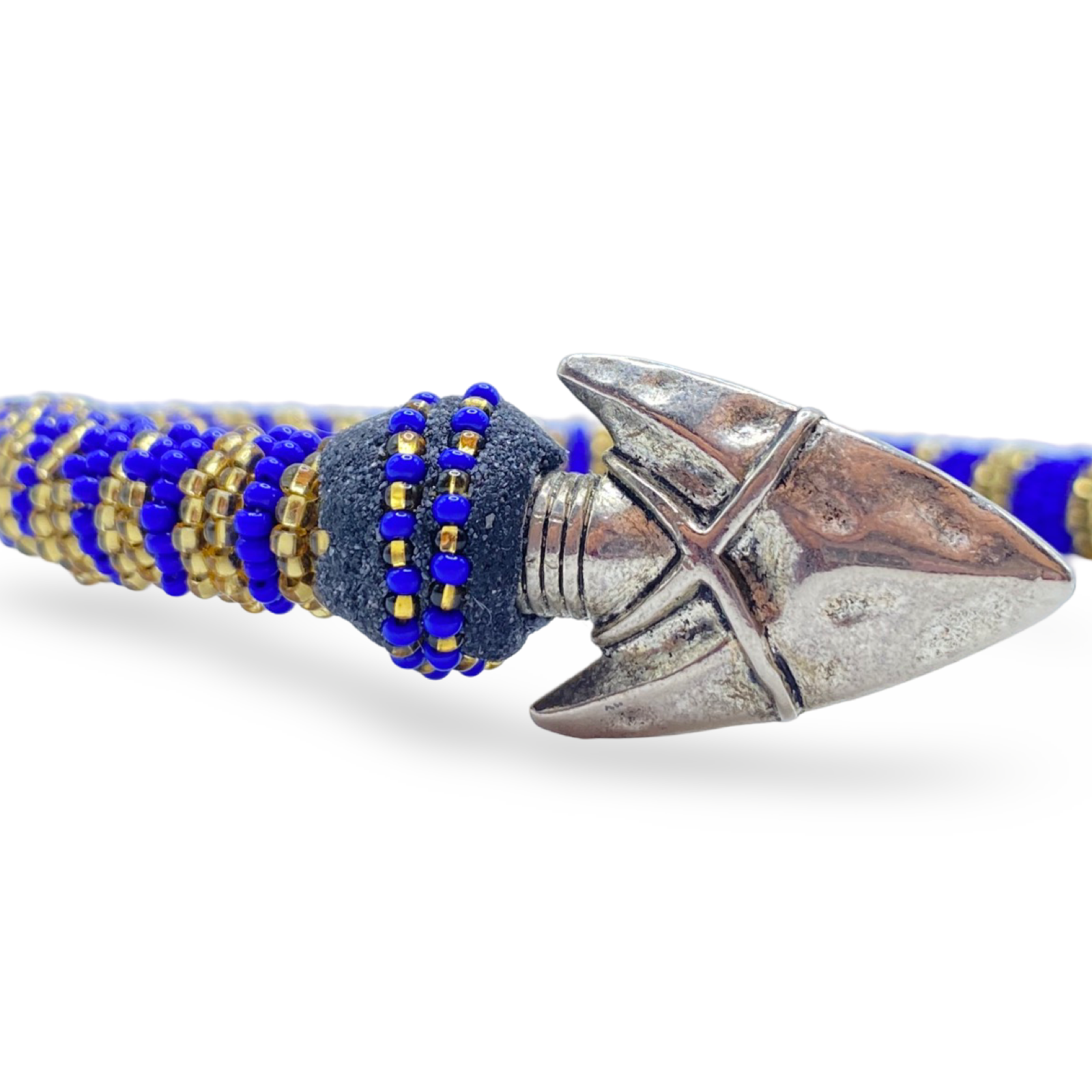 Handmade Ilde de Ochosi Bracelet - Cowrie Shells & Metal, Blue and Gold Beads - Yoruba Santeria Orisha - SanteriaGuide