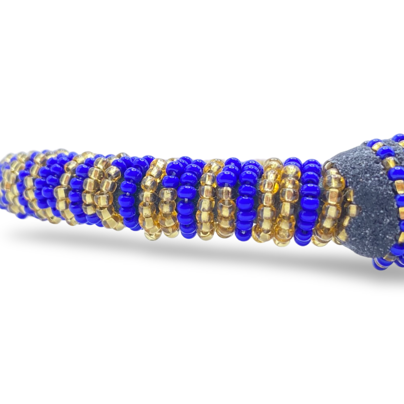 Handmade Ilde de Ochosi Bracelet - Cowrie Shells & Metal, Blue and Gold Beads - Yoruba Santeria Orisha - SanteriaGuide