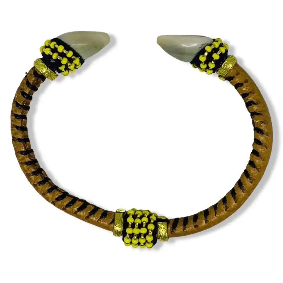 Side view of the Handmade Leather Ilde Bracelet, showcasing durable leather and sacred colors.
