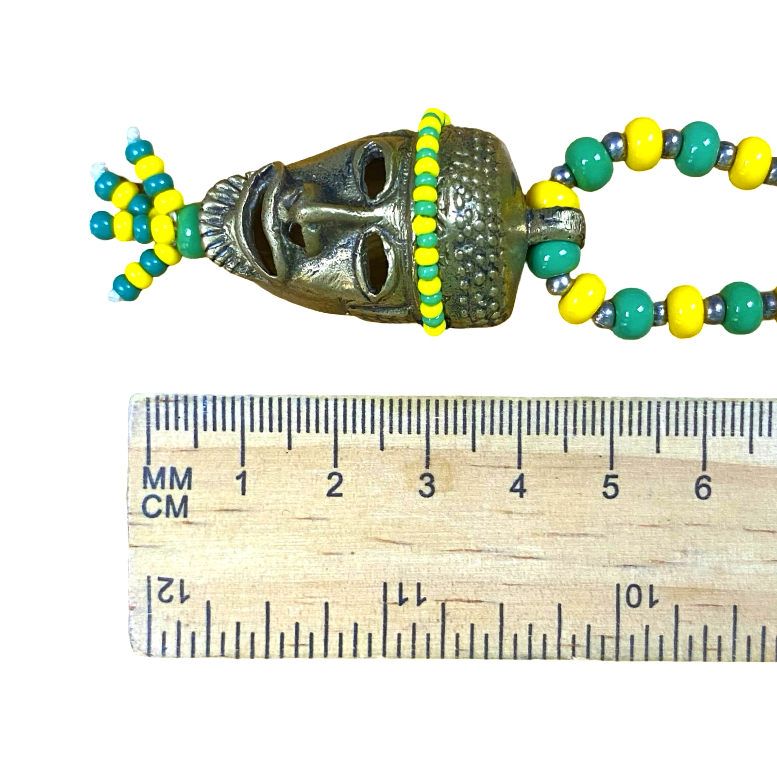 Side view showing bead colors and bronze pendant on the Orula Eleke necklace.