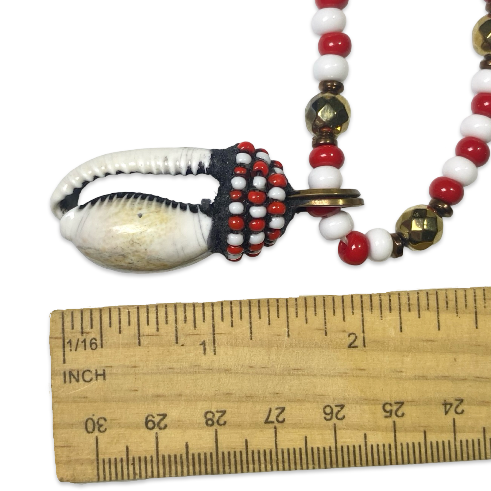 Handmade Eleke de Changó Necklace - Red & White with Cowrie Shells and Gold Accents Yoruba Santería Orisha - SanteriaGuide
