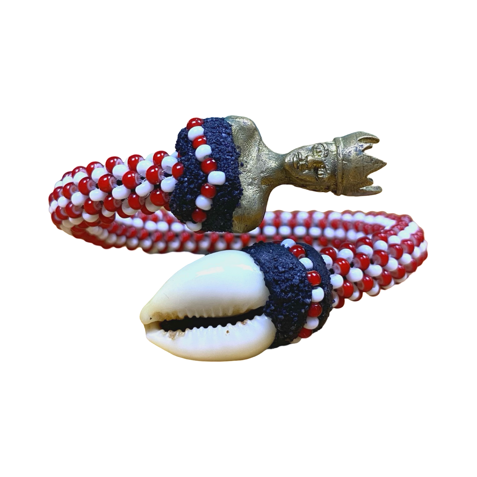 Side profile showing the Ilde de Shango, honoring the Orisha of thunder and justice.