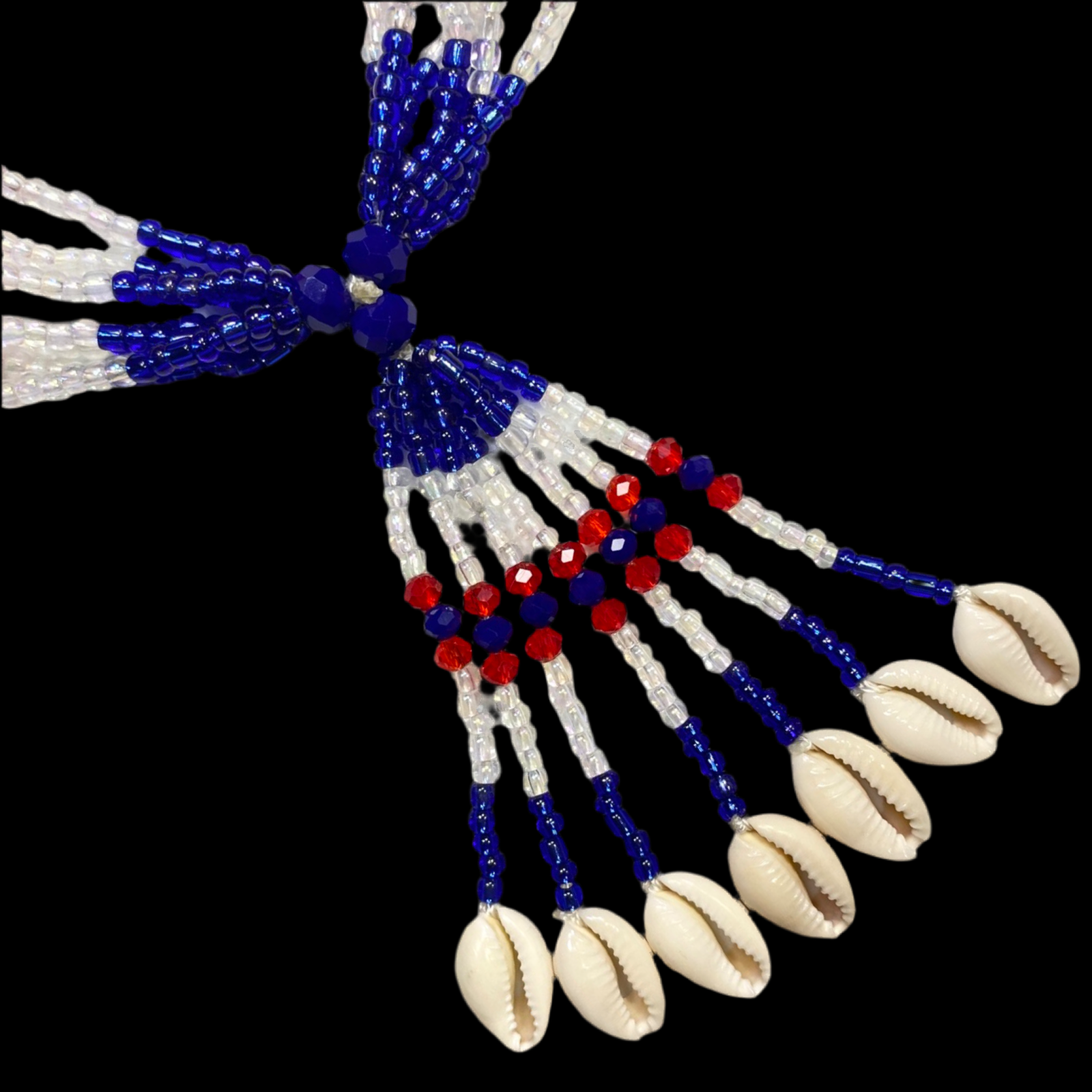 A crystal mazo de Yemayá Okuté with dark blue, red and white beads, and charms in the shapes of arms, waves, and shells.