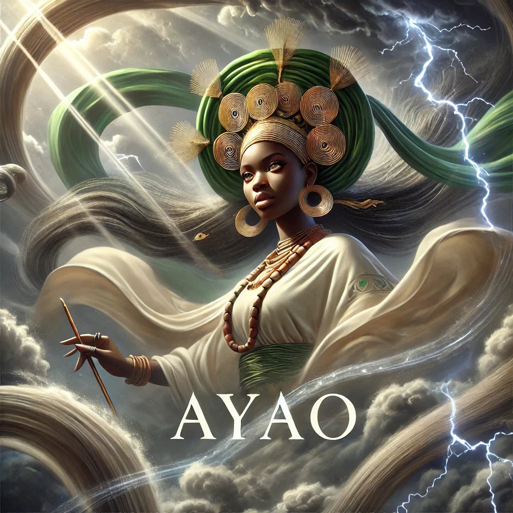 "A depiction of Ayao, the Orisha of wind, surrounded by swirling gusts and wooden staffs."