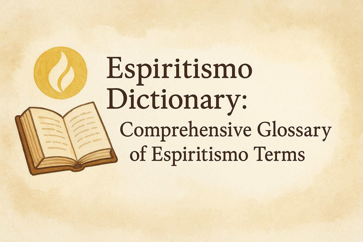 Banner image showing "Espiritismo Dictionary: Comprehensive Glossary of Espiritismo Terms" with symbols of knowledge and spirit.