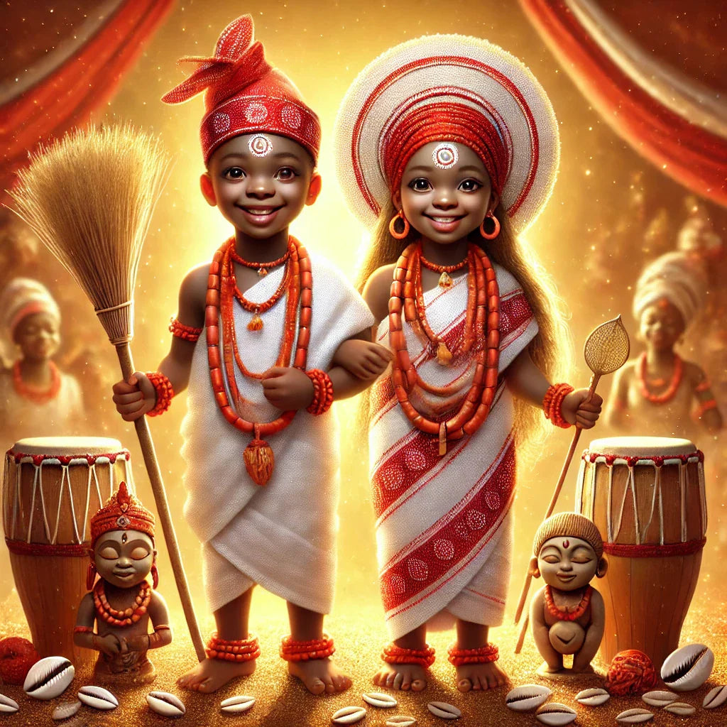 A depiction of the Ibeji, twin Orishas of joy and balance, with traditional Yoruba garments and symbols.