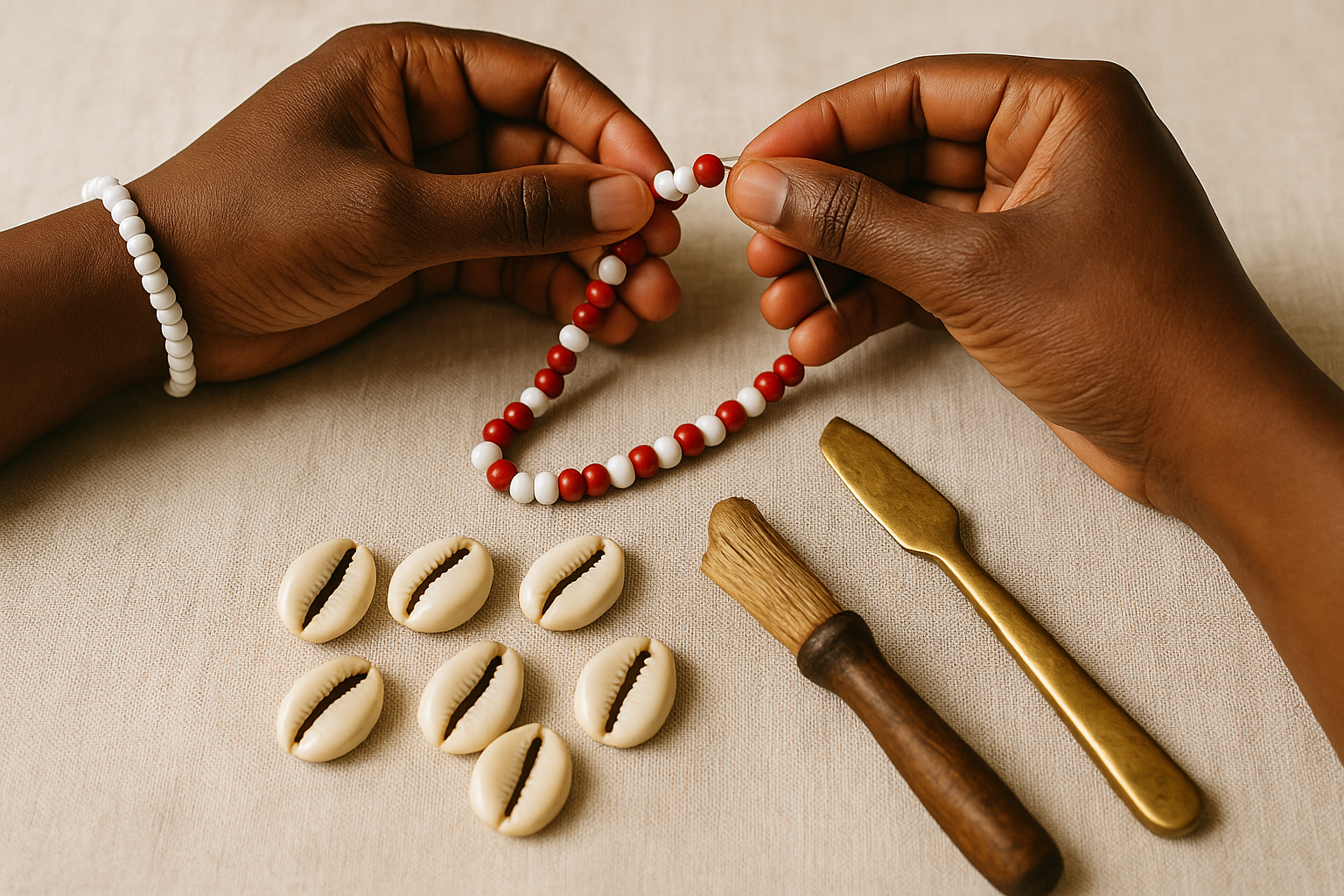 Hands stringing beads, preparing shells, or blessing tools.