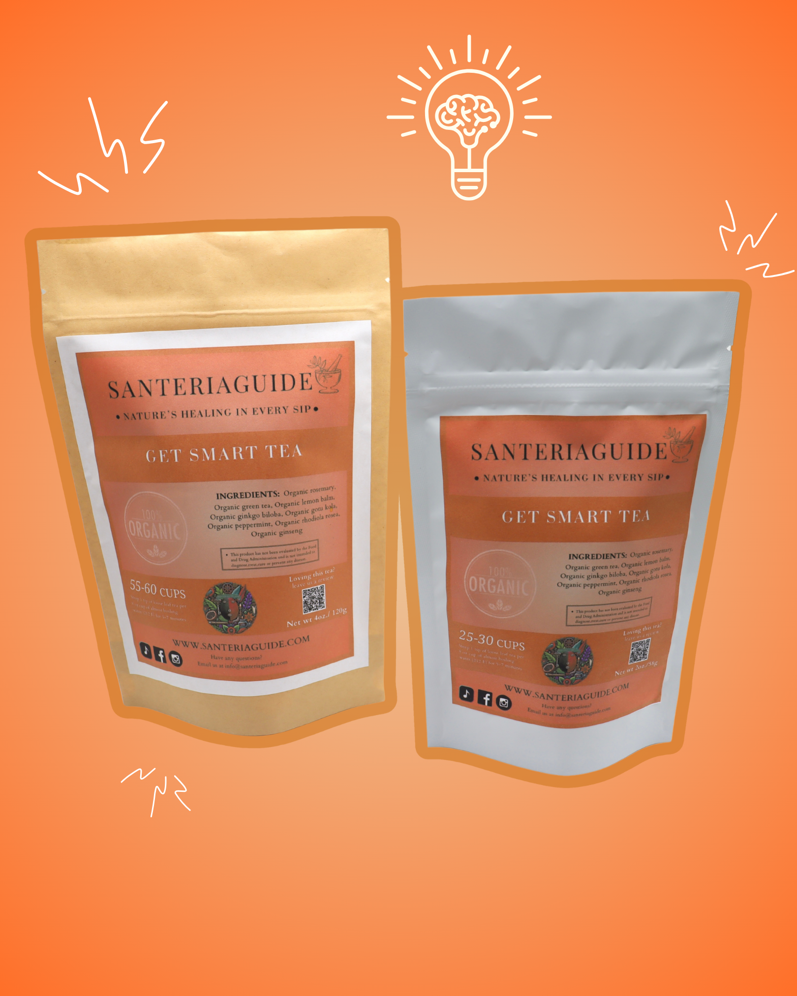 Two brown paper bags of "SanteriaGuide Get Smart Tea" are displayed on an orange background with white illustrations of lightbulbs. The packaging details ingredients, number of cups per bag, and includes a QR code and website URL, all designed to boost mental clarity and cognitive function.