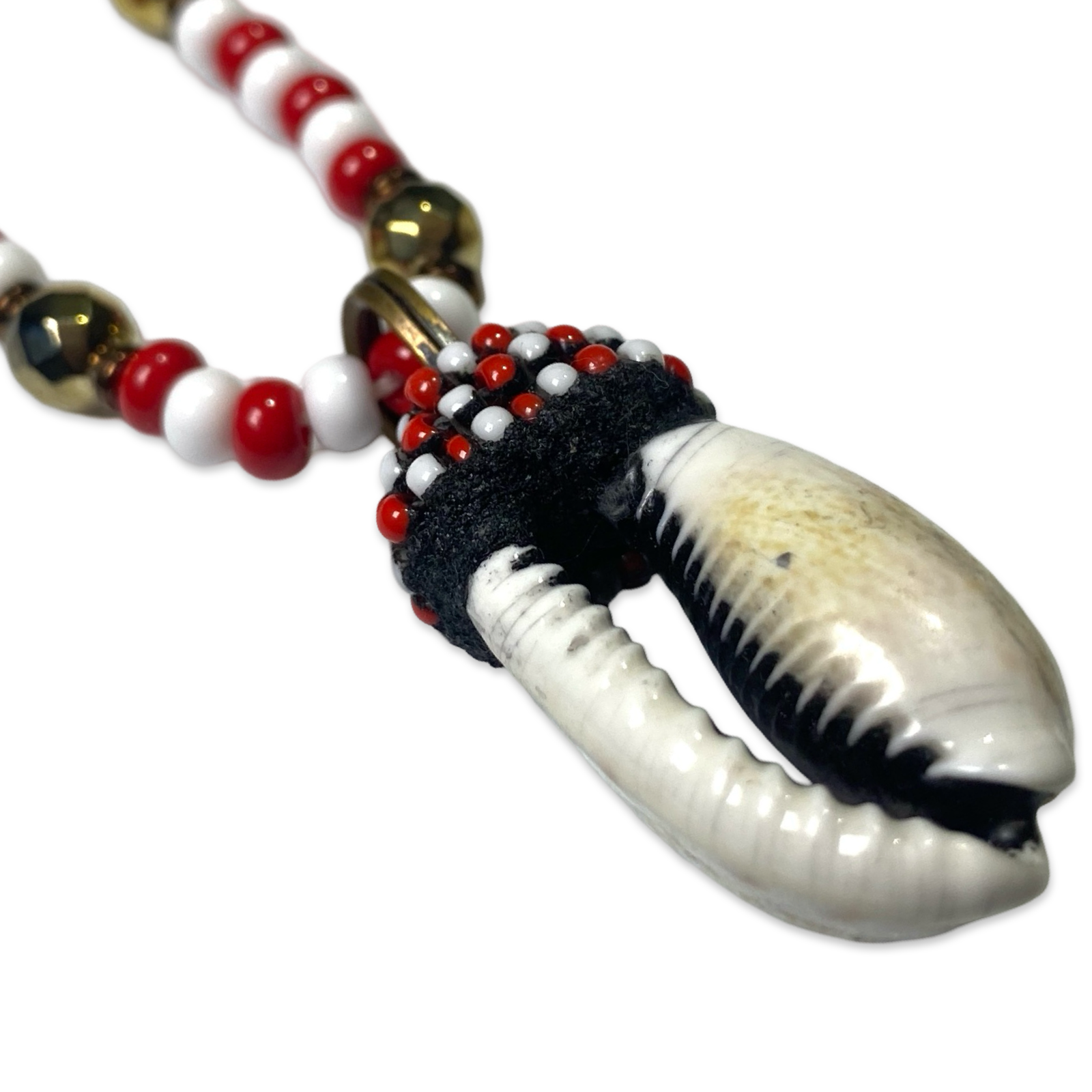 Handmade Eleke de Changó Necklace - Red & White with Cowrie Shells and Gold Accents Yoruba Santería Orisha