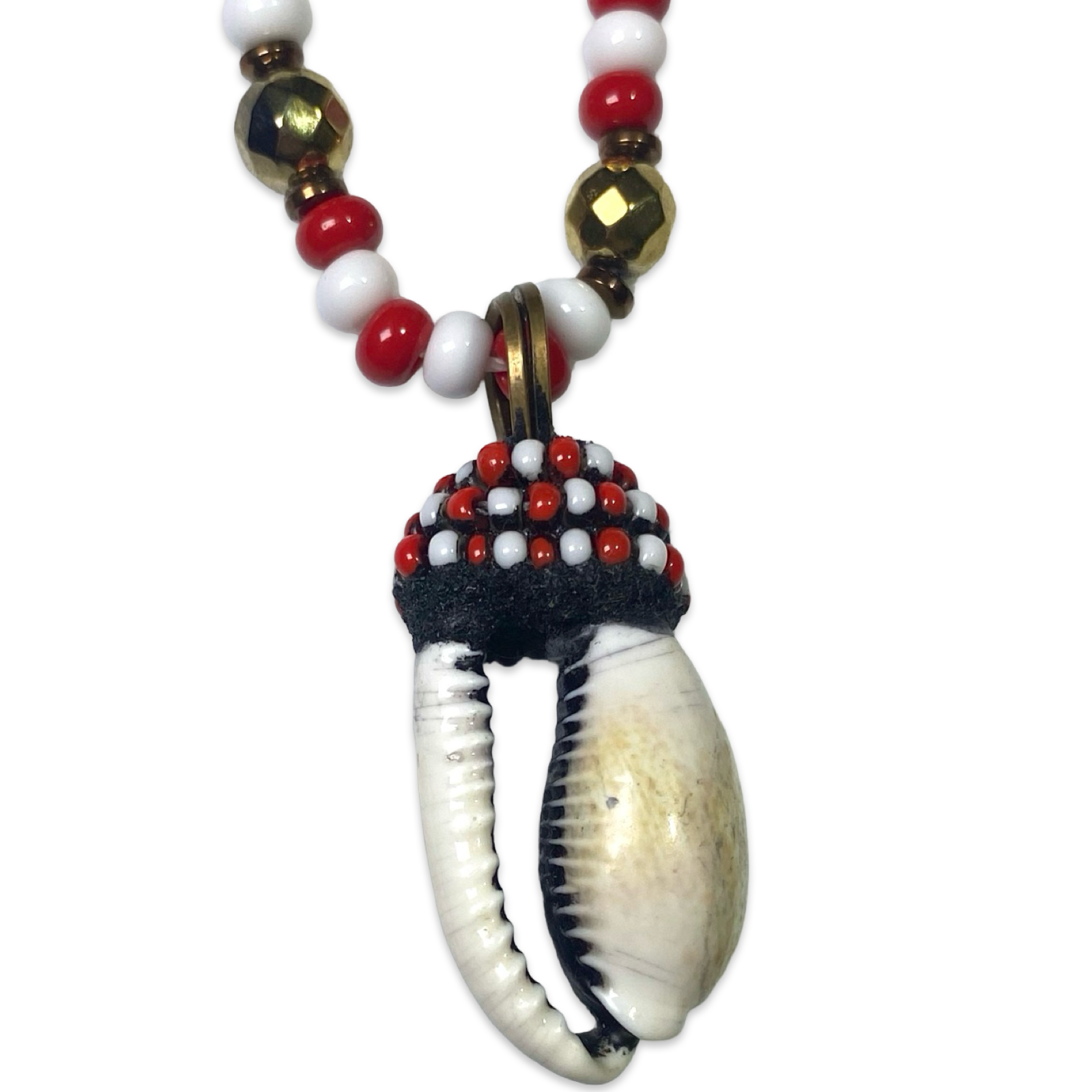 Handmade Eleke de Changó Necklace - Red & White with Cowrie Shells and Gold Accents Yoruba Santería Orisha