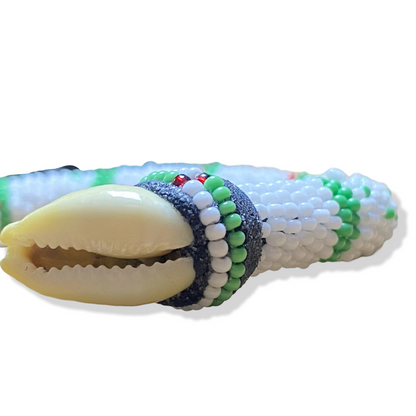 Handmade Ilde de Oduduwa Bracelet – White, Green & Red Yoruba Santeria Orisha