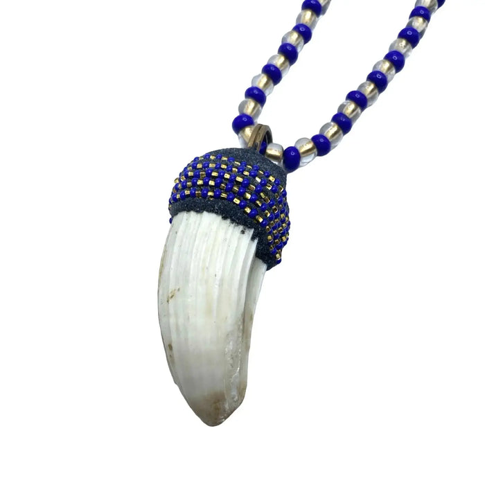 Ochosi Eleke Necklace – Royal Blue, Gold & Clear Beads with Tooth Pendant