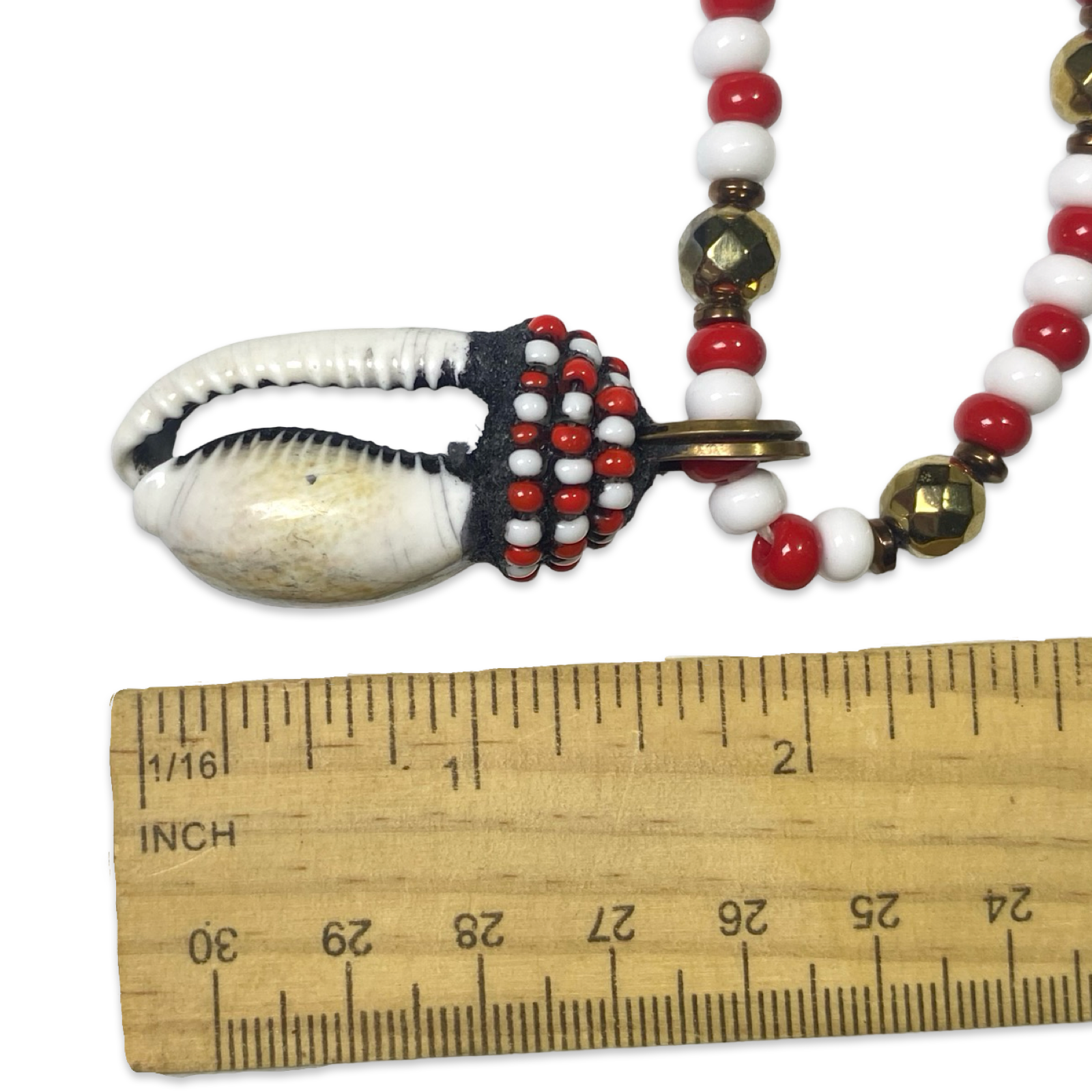 Handmade Eleke de Changó Necklace - Red & White with Cowrie Shells and Gold Accents Yoruba Santería Orisha