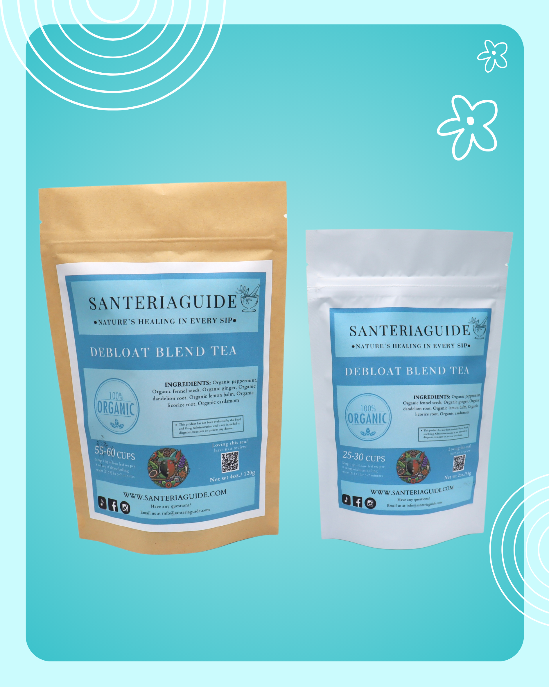 A turquoise background showcasing two light blue packs of "SanteriaGuides Debloat Tea" by SanteriaGuide, designed to support digestion and reduce bloating. The larger pack is positioned on the left while the smaller one is on the right. Both packs feature labels indicating they are organic and have QR codes at the bottom.