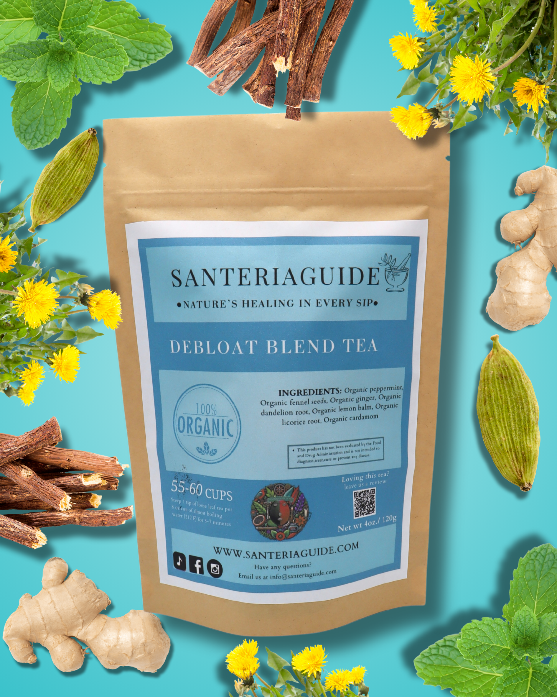 A brown paper package of "SanteriaGuides Debloat Tea," labeled as organic with ingredients listed and images of herbs like ginger and dandelion surrounding it. The background is a bright turquoise color with an assortment of herbs and spices, promoting digestive support for effective bloating relief.