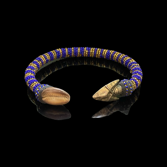 Handmade Ilde de Ochosi Bracelet - Cowrie Shells & Metal, Blue and Gold Beads - Yoruba Santeria Orisha