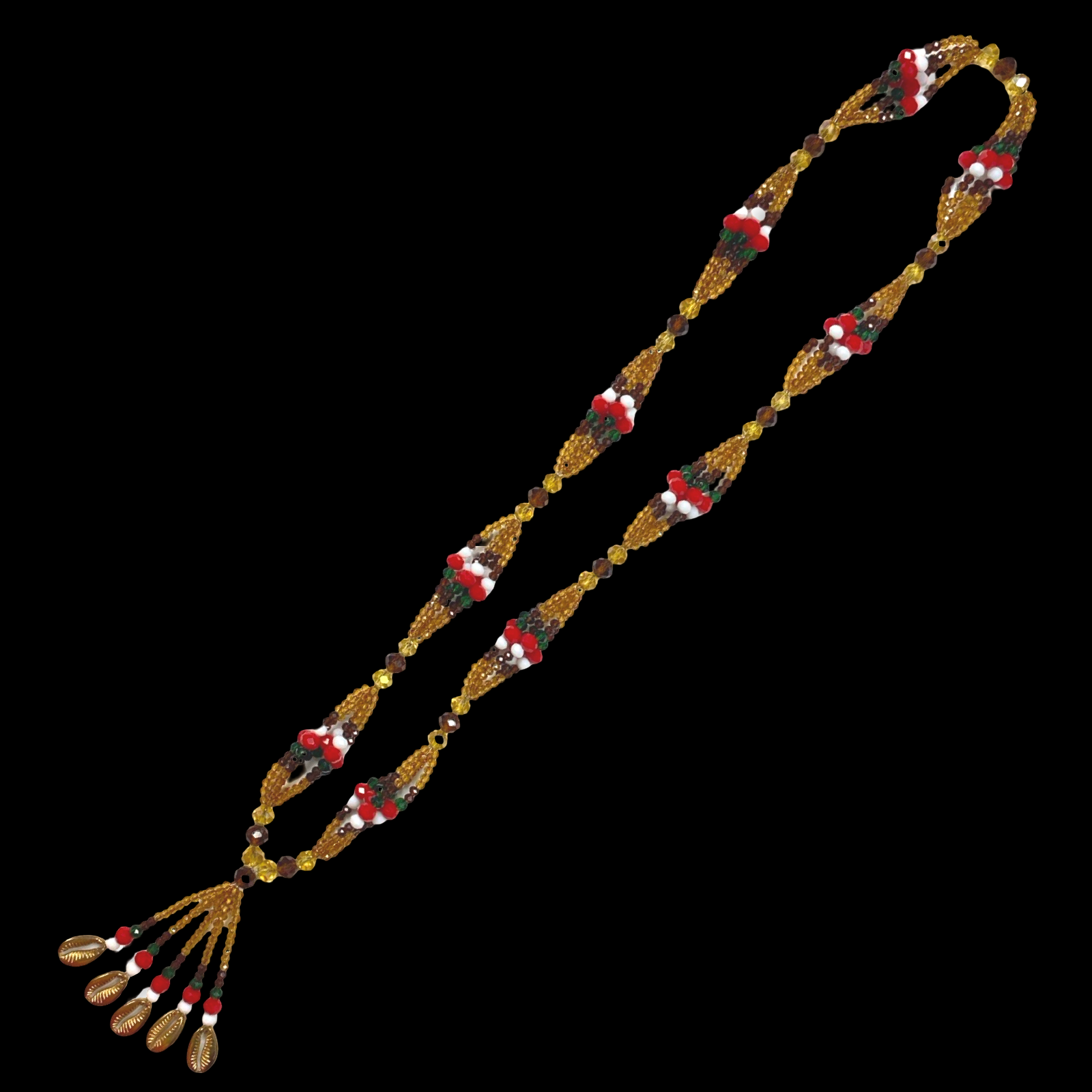 Handmade Gala de Oshún Ibu Akuaro Mazo de Gala – Gold, Amber, Red, Green, and White Glass Beads for Iyawó
