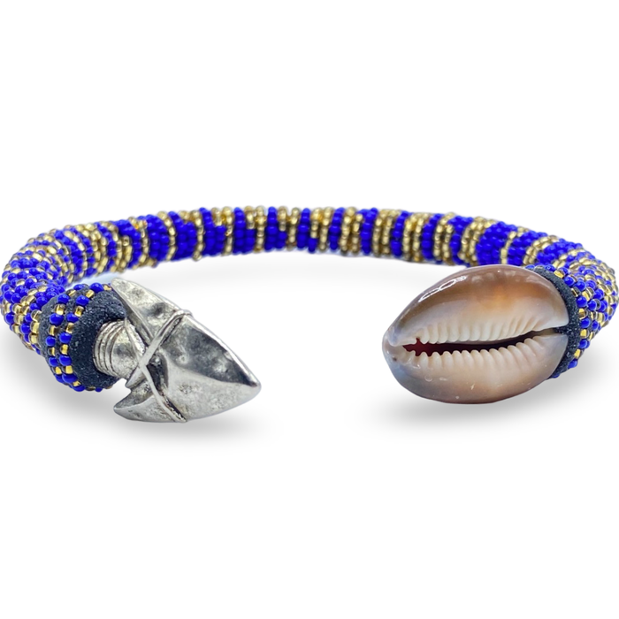 Ochosi Ildé Bracelet – Blue & Gold Beads with Cowrie Shell and Arrowhead