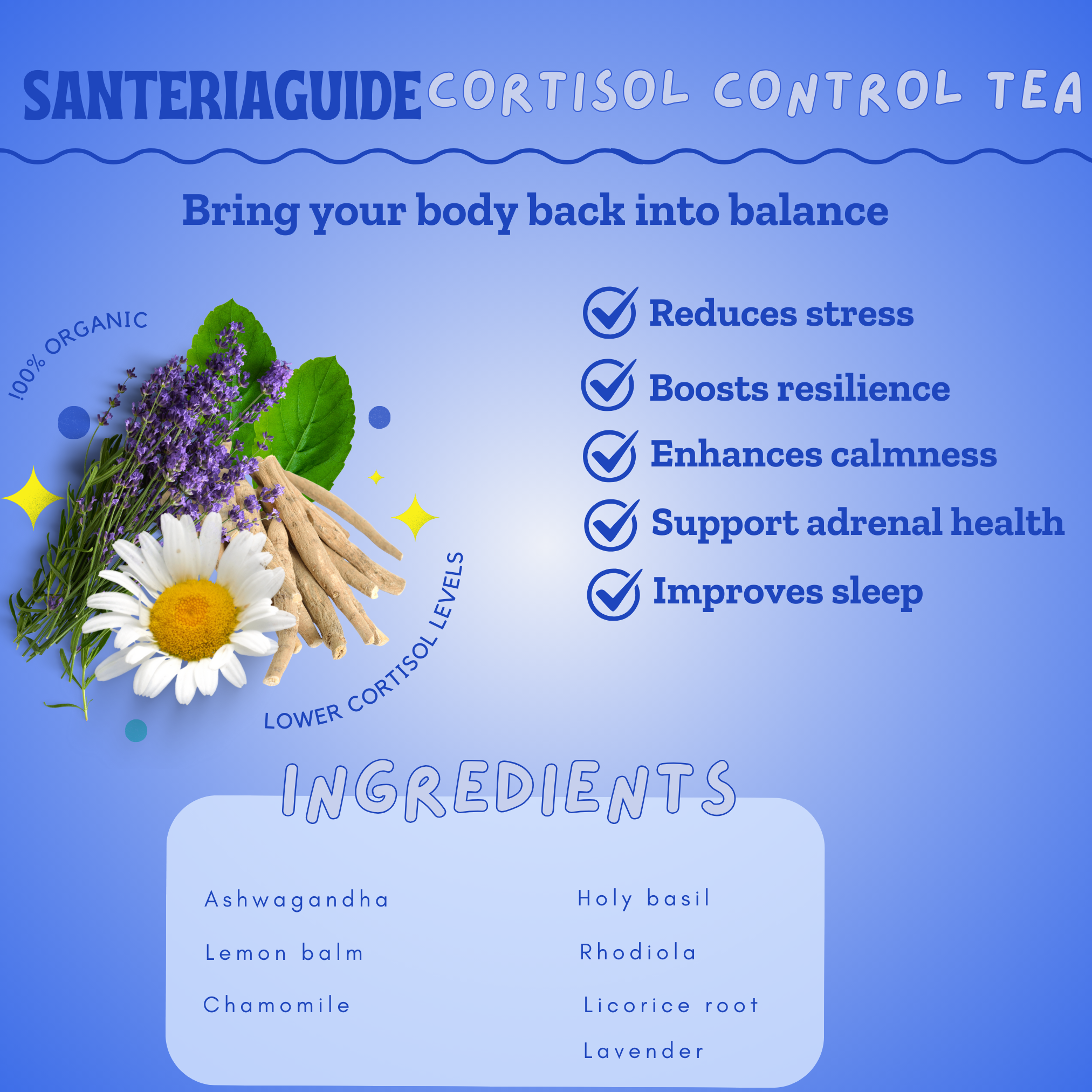 A promotional image for "SanteriaGuides Cortisol Control Tea" from SanteriaGuide features a bouquet of herbs and flowers, including lavender, chamomile, and lemon balm. This adaptogenic herb blend claims to reduce stress, boost resilience, enhance calmness, support adrenal health, and improve sleep with ingredients like ashwagandha and holy basil.