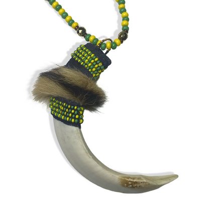 Handmade Eleke de Orunmila (Orula) - Green & Yellow Beads with Tooth & Gold Accents Yoruba Santería Orisha