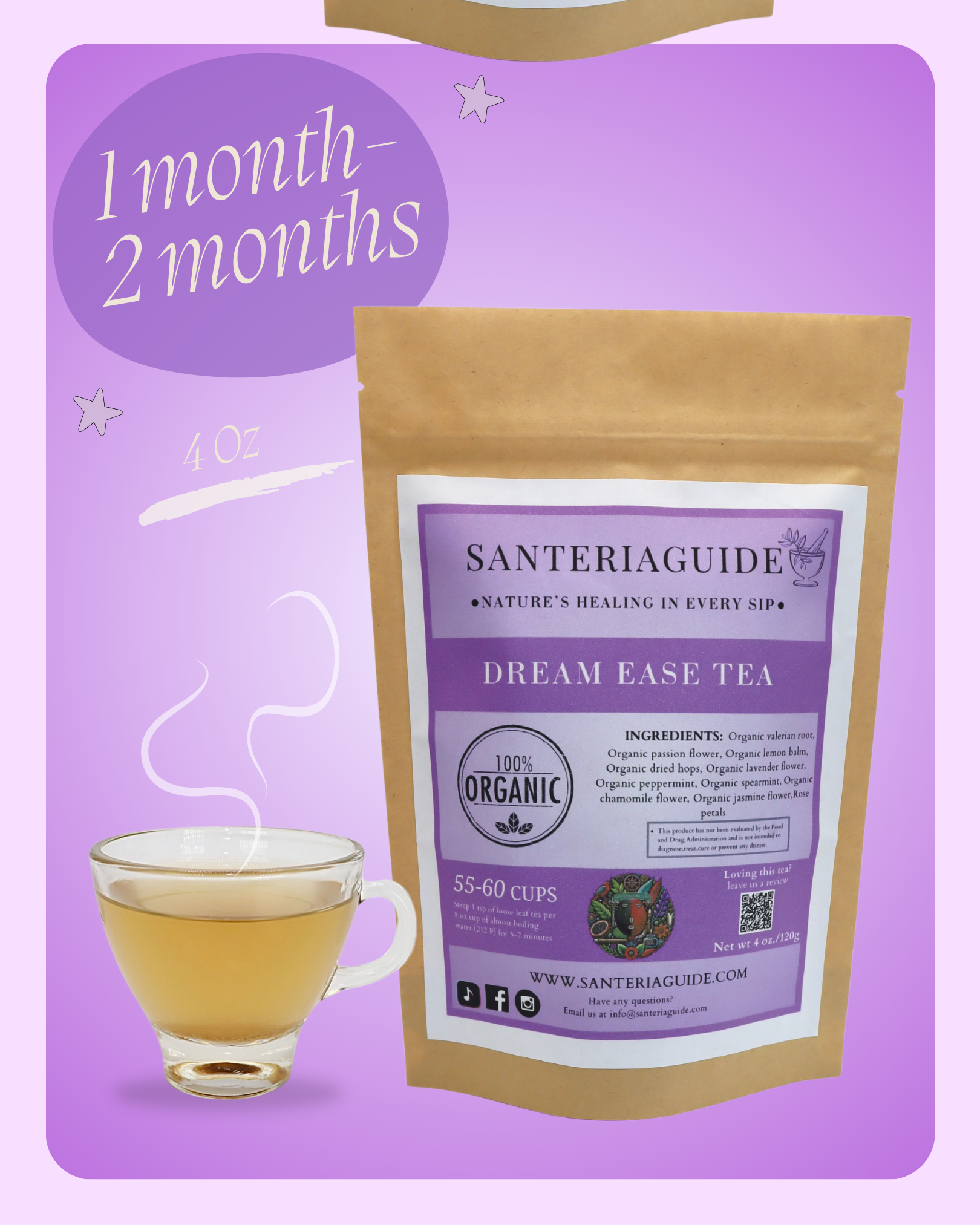 A product image featuring a 4 oz package of SanteriaGuide Dream Ease Tea against a purple background. The package highlights that it is organic and can make 55-60 cups. A steaming cup of tea is shown in the lower left corner. This Sleep Blend by SanteriaGuide promises restful sleep for 1-2 months.