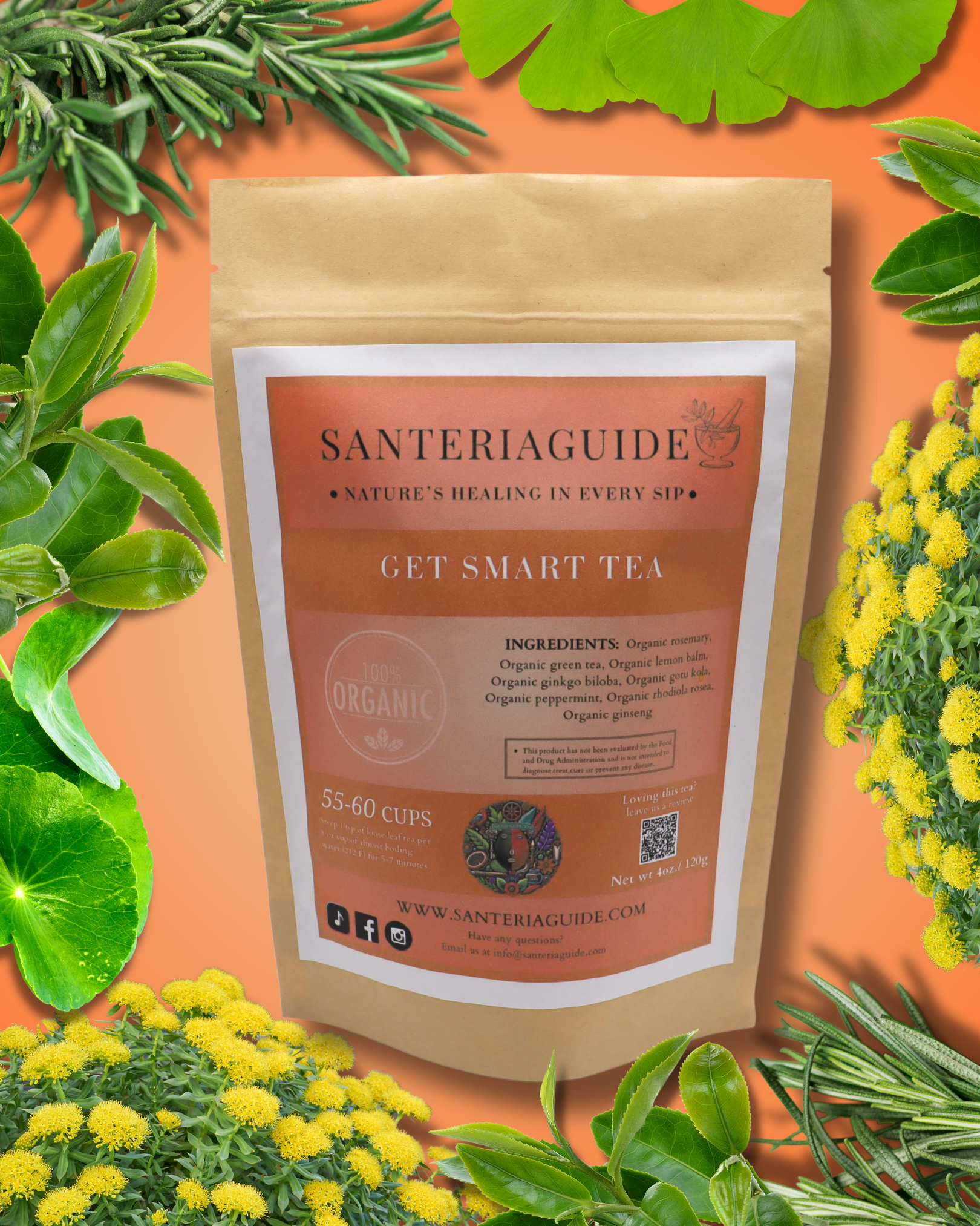 A brown paper package of "SanteriaGuide Get Smart Tea" is centered on a vibrant background of herbal leaves and flowers. The package details ingredients, promising 55-60 cups of organic tea for enhanced mental clarity. The label emphasizes natural and organic contents.