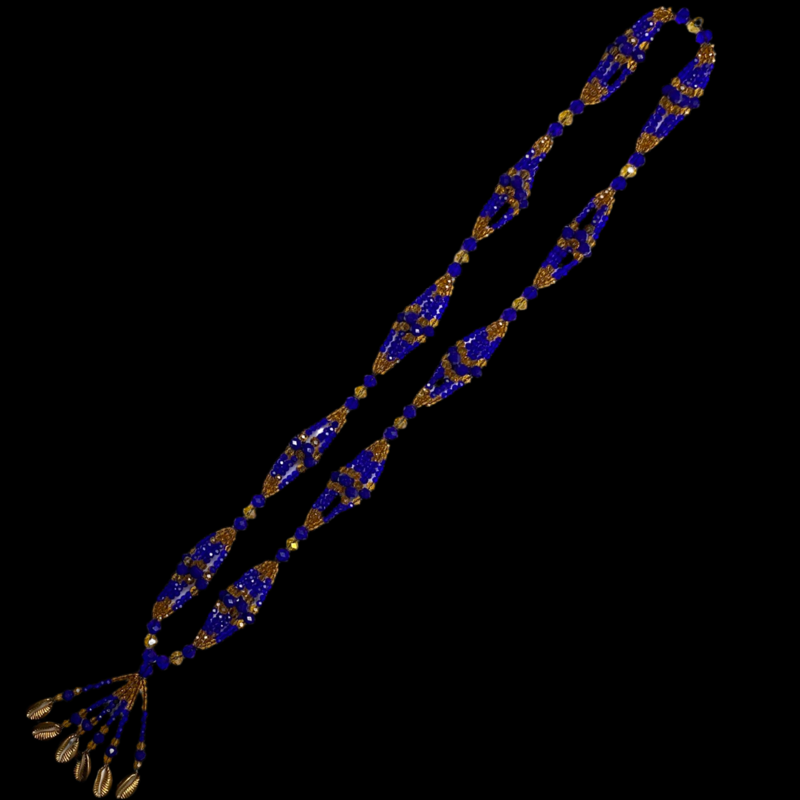 Gala de Ochosi hecha a mano – Cuentas de vidrio dorado y azul para Iyawó
