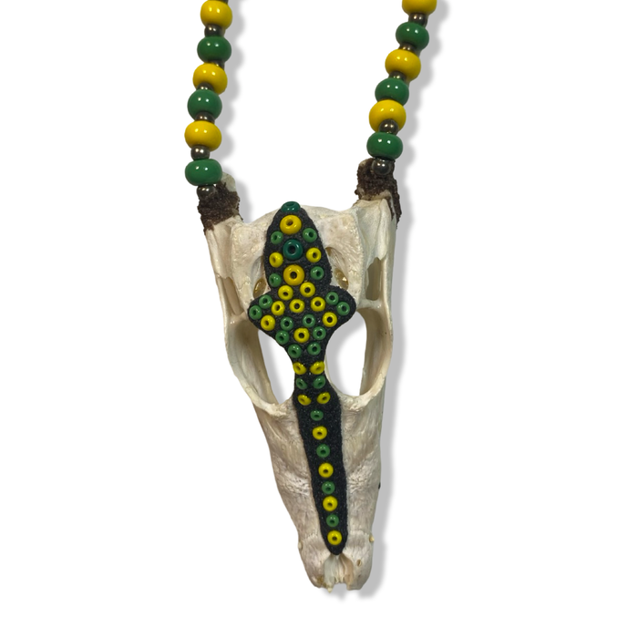 Orula Eleke Necklace – Green & Yellow Beads with Crocodile Pendant