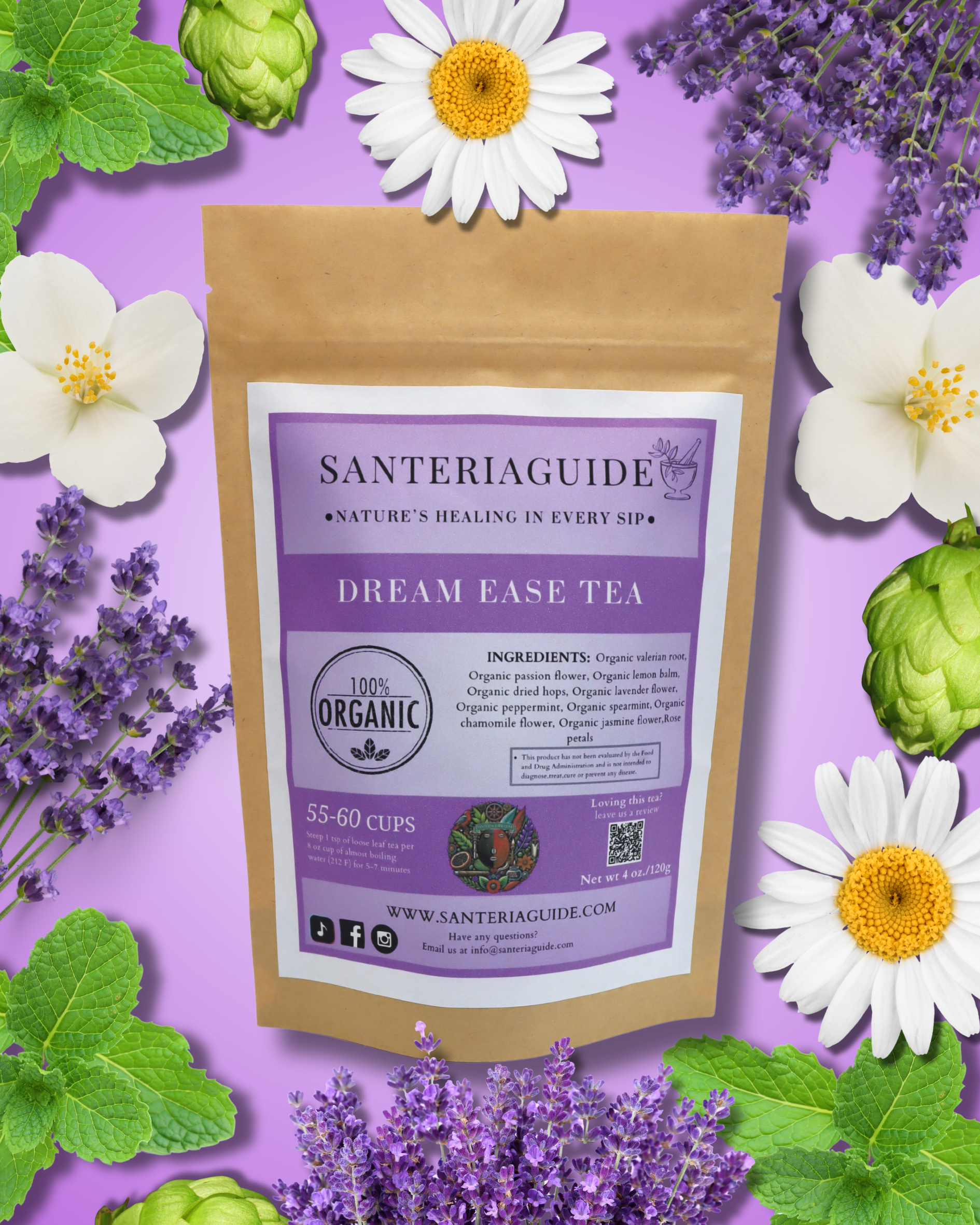 A brown paper package of SanteriaGuide Dream Ease Tea from 