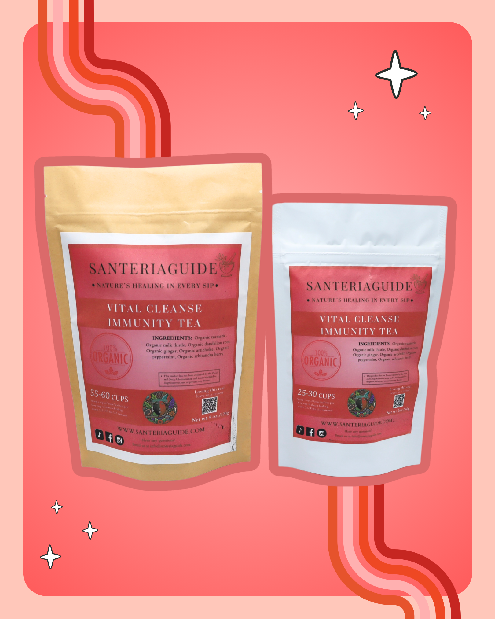 Two packages of SanteriaGuide Vital Cleanse & Immunity Tea are displayed against a red background with abstract lines and star accents. The larger package brews 55-60 cups, while the smaller package brews 25-30 cups. Both packages emphasize natural ingredients, feature an organic label, and promote immune system health.