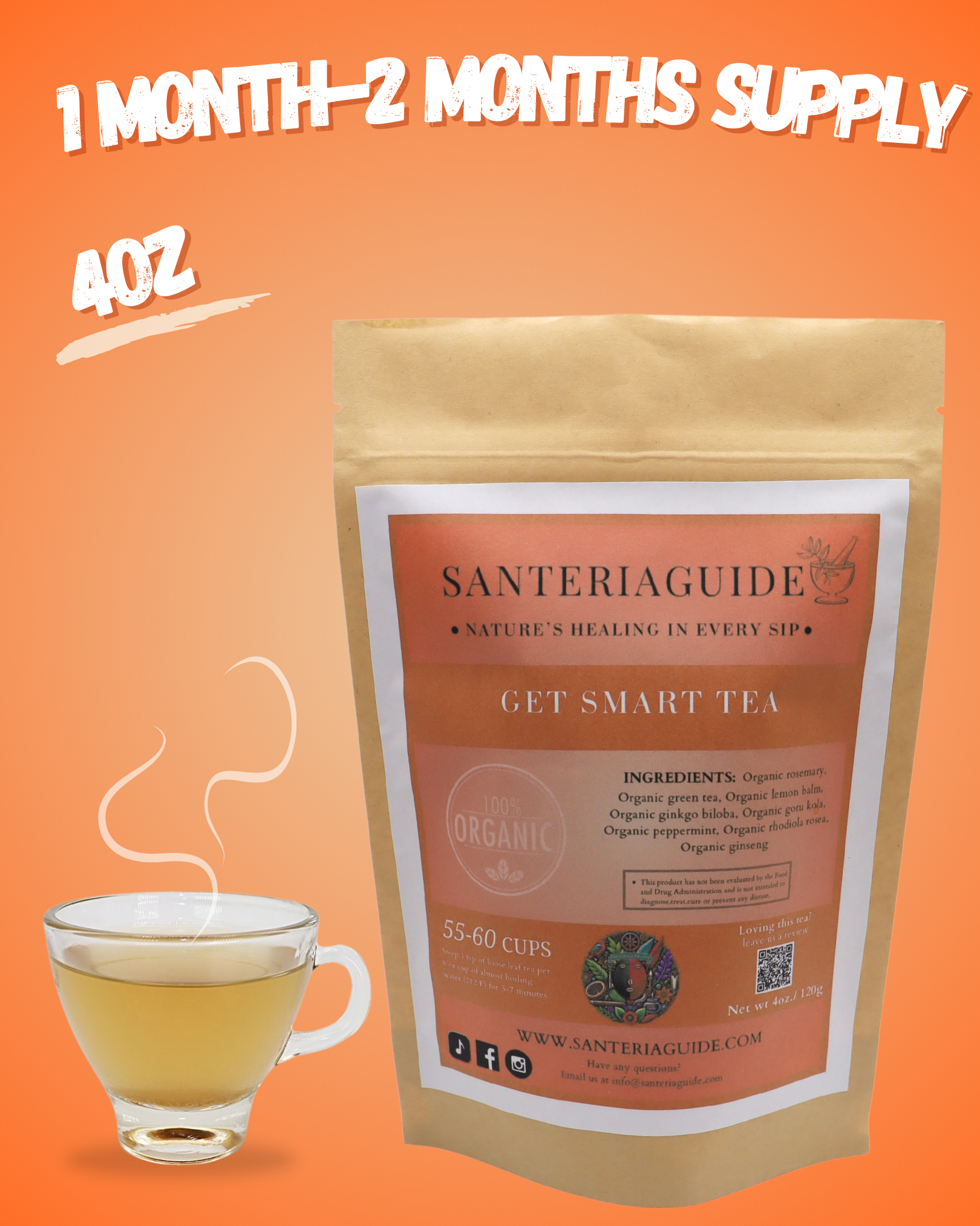 Image of the SanteriaGuide Get Smart Tea product against an orange background. The brown resealable pouch, clearly labeled with its ingredients and a 100% Organic certification logo, sits beside a glass cup filled with light-colored tea. Text reads "1 Month - 2 Months Supply 4oz." Ideal for enhancing cognitive function and mental clarity.