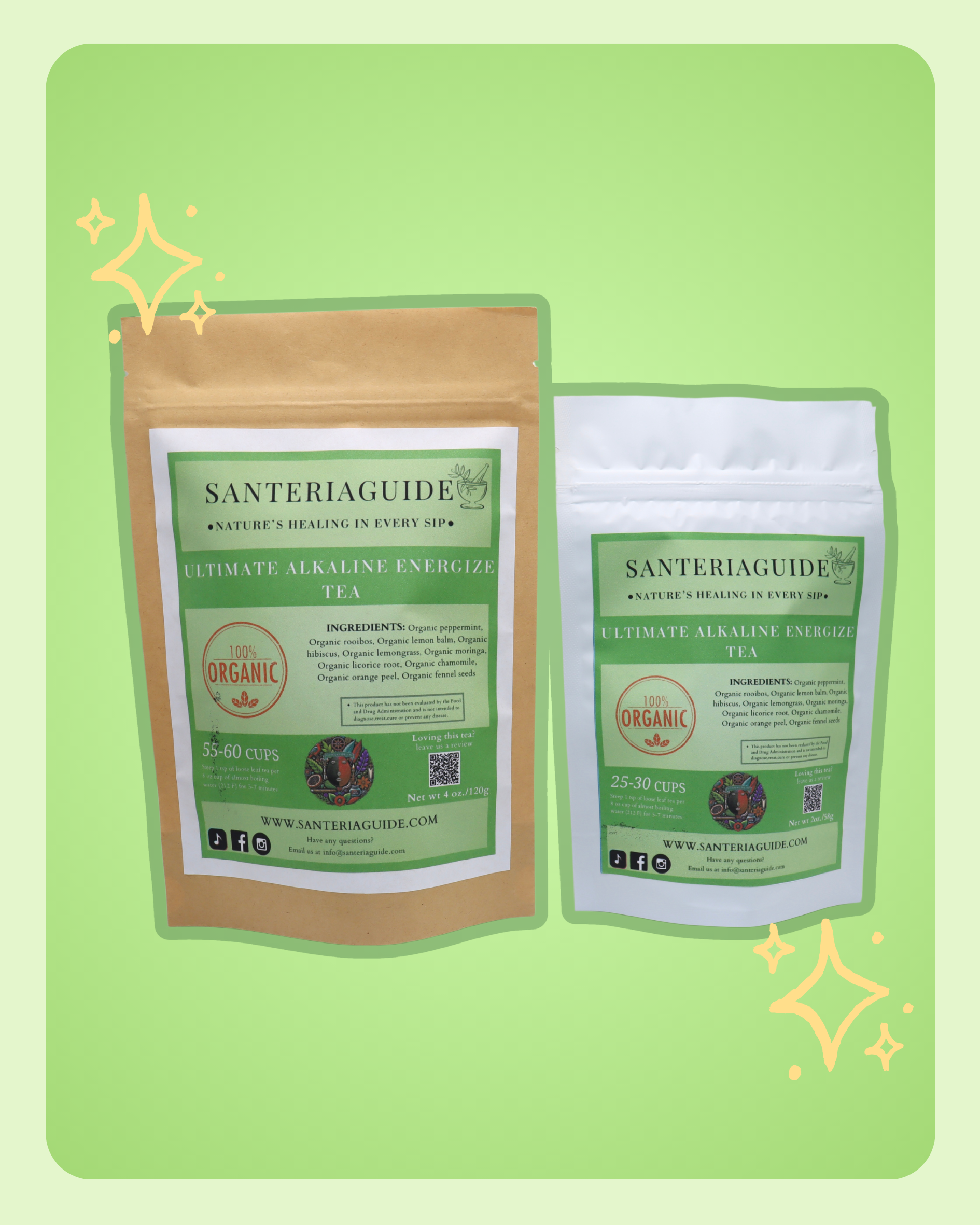 Two packages of SanteriaGuide Ultimate Alkaline Energize Tea against a light green background with sparkles. The left package, labeled for 55-60 cups, is larger, while the right package, intended for 25-30 cups, is smaller. Both packages are marked as 100% organic and promote Digestive Support, featuring a QR code for more information.