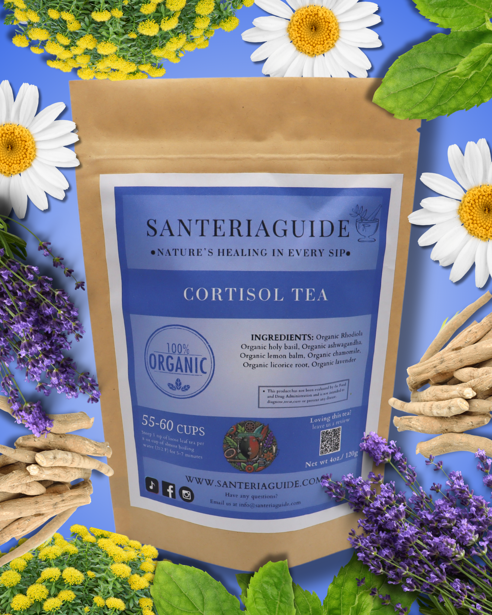 A brown paper bag labeled "SanteriaGuides Cortisol Control Tea" with a purple and green design is surrounded by white daisies, yellow flowers, lavender sprigs, and dried herbal roots. The packaging highlights that it is 100% organic and rich in adaptogenic herbs for stress relief.